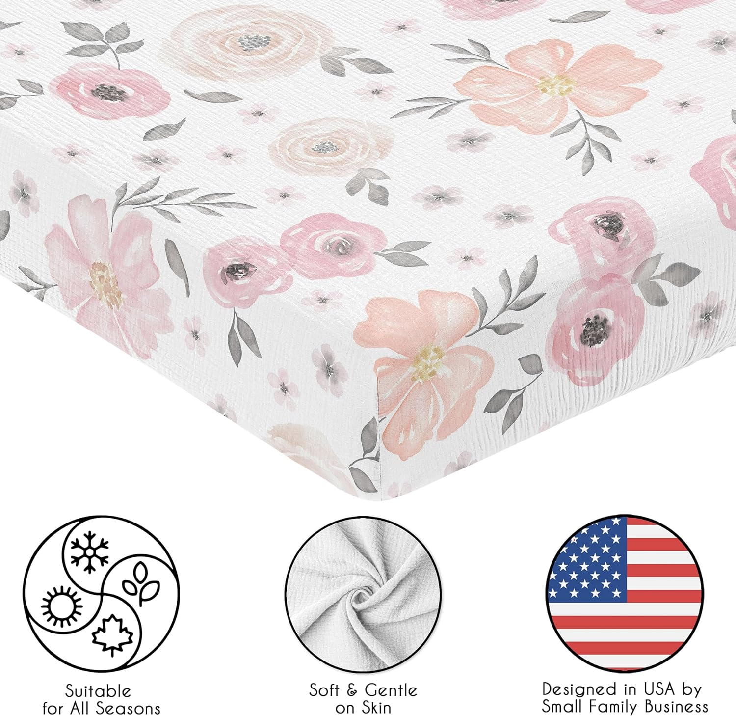 Sweet Jojo Designs 2-Piece Muslin Crib Sheets (Pink Boho Floral) for Baby Girls, Infant Nursery, Toddler Room - Standard Size 100% Cotton Sheet Set (Solid Blush & Bohemian Farmhouse Shabby Watercolor)