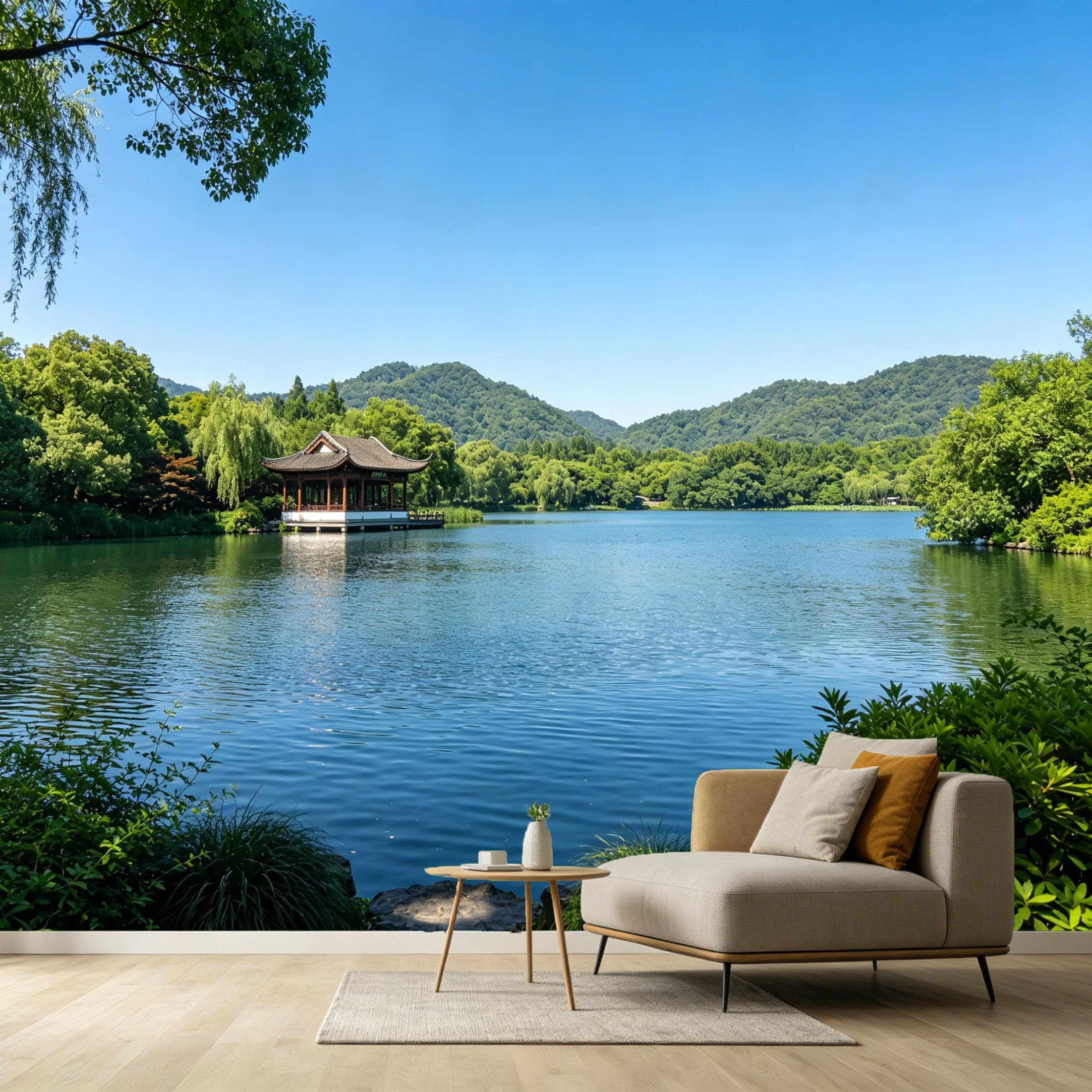 Custom Size Wall Murals Peaceful Oriental Pavilion Mountain Lake Landscape Nature Scenery SelfAdhesive Wall Fabric Removable Large Wallpaper for Photo Living Room