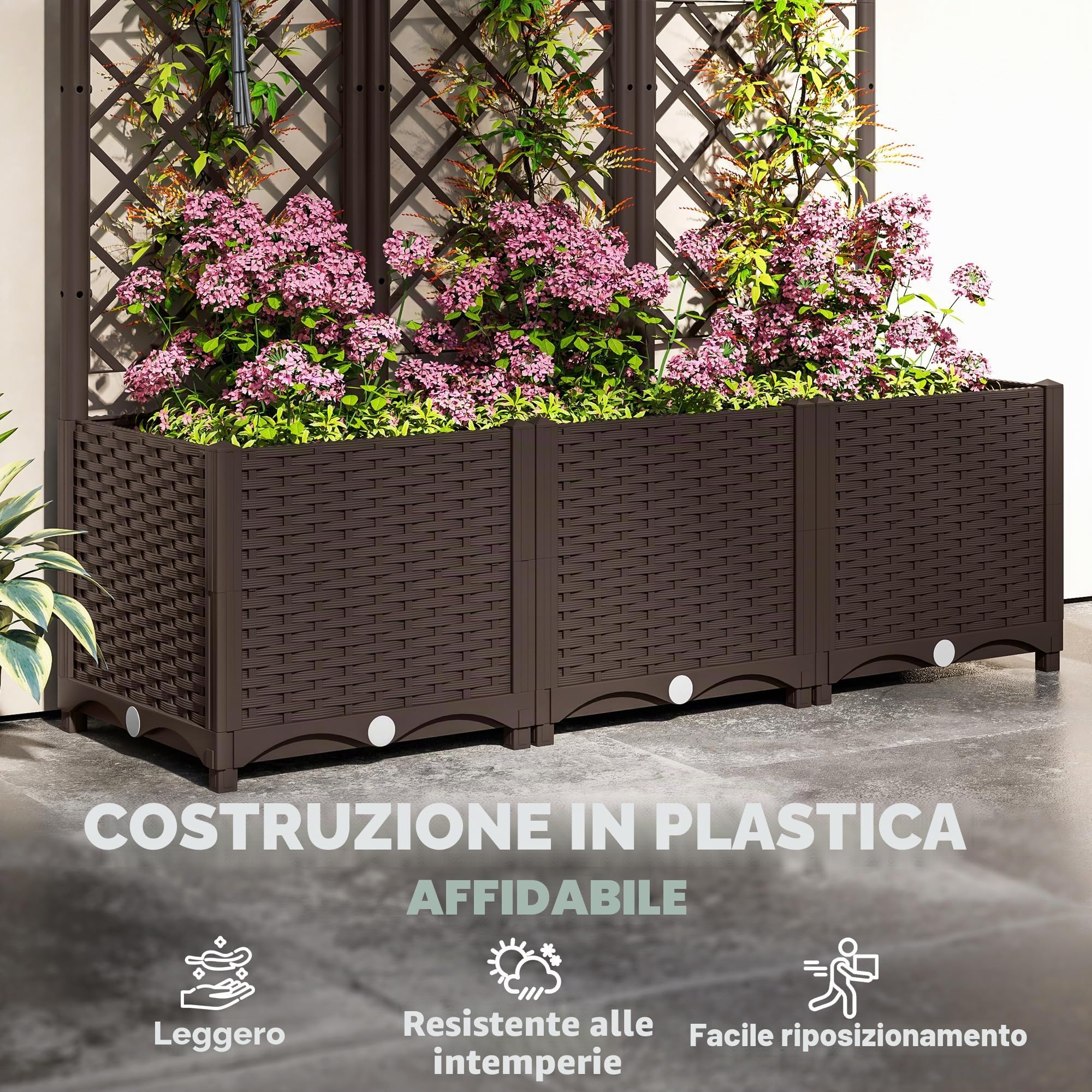 Outsunny Fioriera rialzata con traliccio 120x40x135 cm Marrone | Fioriera da esterno, 6 fori di drenaggio, serbatoi d'acqua, cassetta per fiori per balcone terrazza patio
