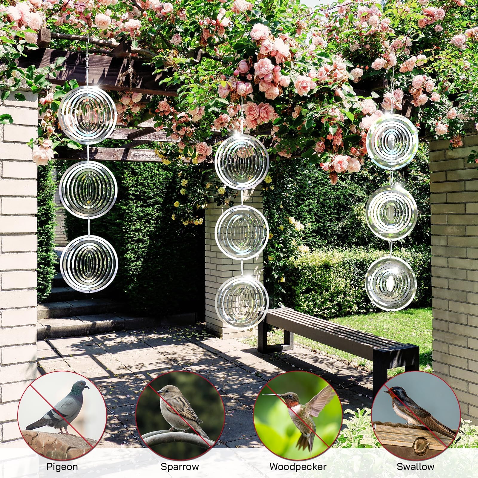 Repousse-oiseaux Girouette Miroir 3D Rond - 3 Pièces Sur Ficelle - Acier Inoxydable 10 Cm - Pour Jardin, Balcon, Terrasse