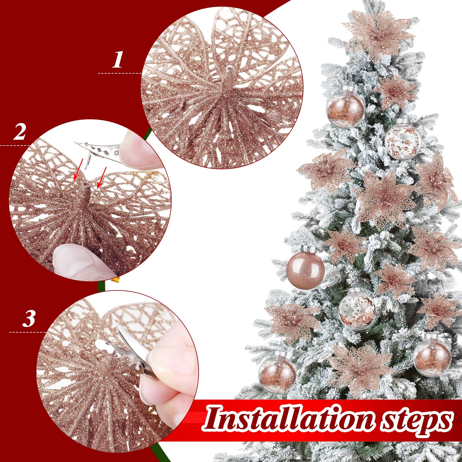 49 Pièces Set de Décoration de Sapin de Noël 24 Fausses Fleurs de Poinsettia de Noël à Paillettes Nœud Topper d’Arbre de Noël 24 Boules de Noël 2,36 Pouces pour Noël Nouvel an (Or Rose)