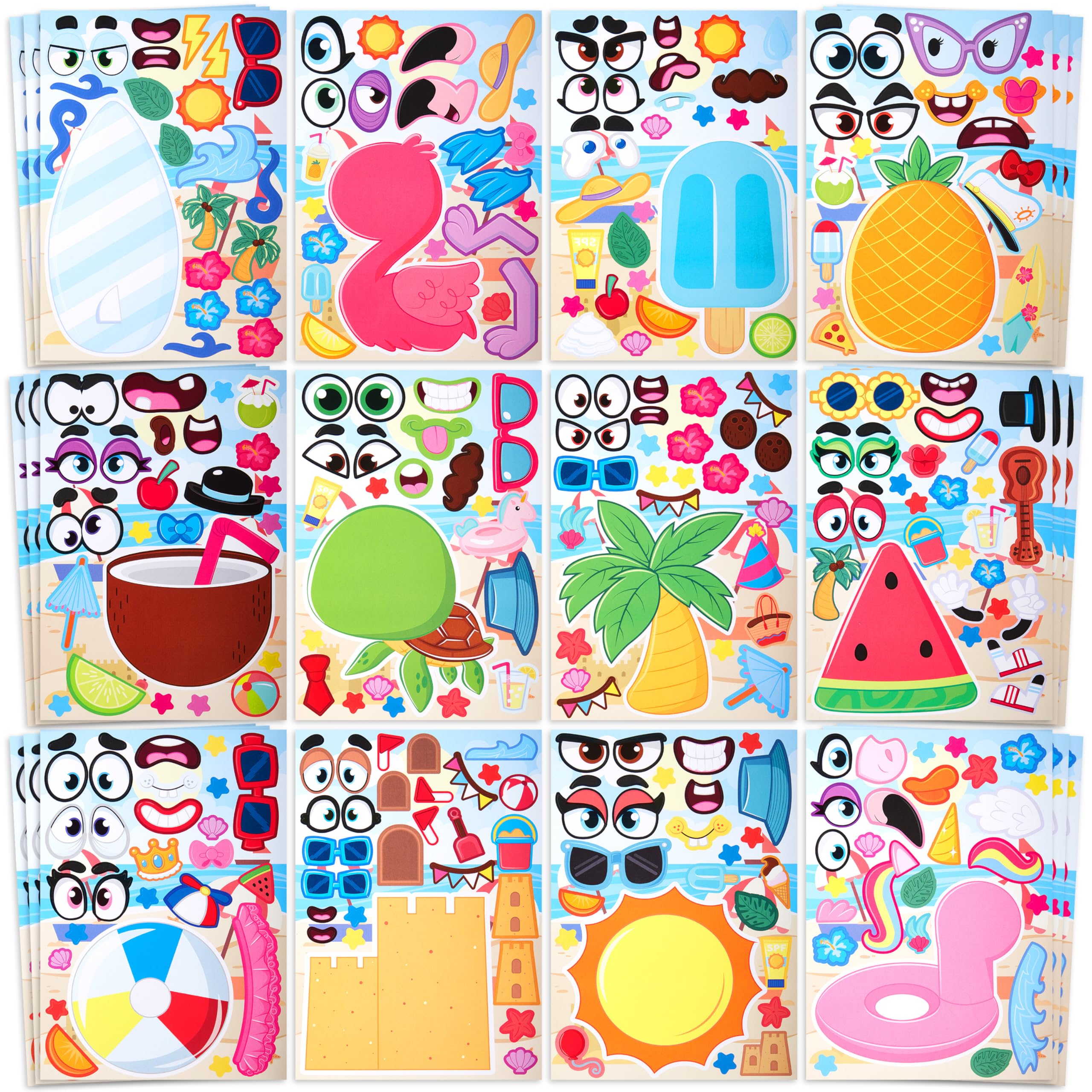 JOYIN 36 Pcs 9"x6" Summer Make a face Stickers for Kids, Make Your Own Hawaii Pool Beach Sticker Sheets, Luau Craft Party Decor, Summer Holiday Party