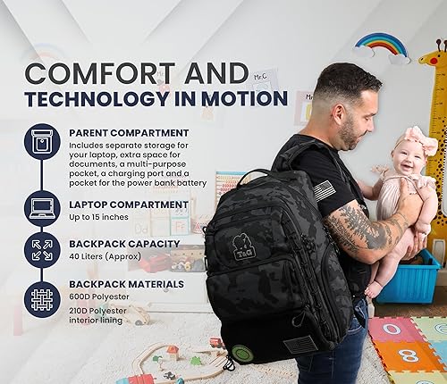 Miniatura 5 de T&G Bag Boy 1.0 - Mochila táctica para pañales para niños pequeños y Gunners, 40 litros, cambiador, correa para cochecito, Camo Negro, Mochila