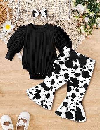 NAPU Baby Girl Clothes Long Sleeve Romper 3Pcs Baby Girl Outfits Flare Pants Set with Headband Fall Baby Girl Winter Clothes