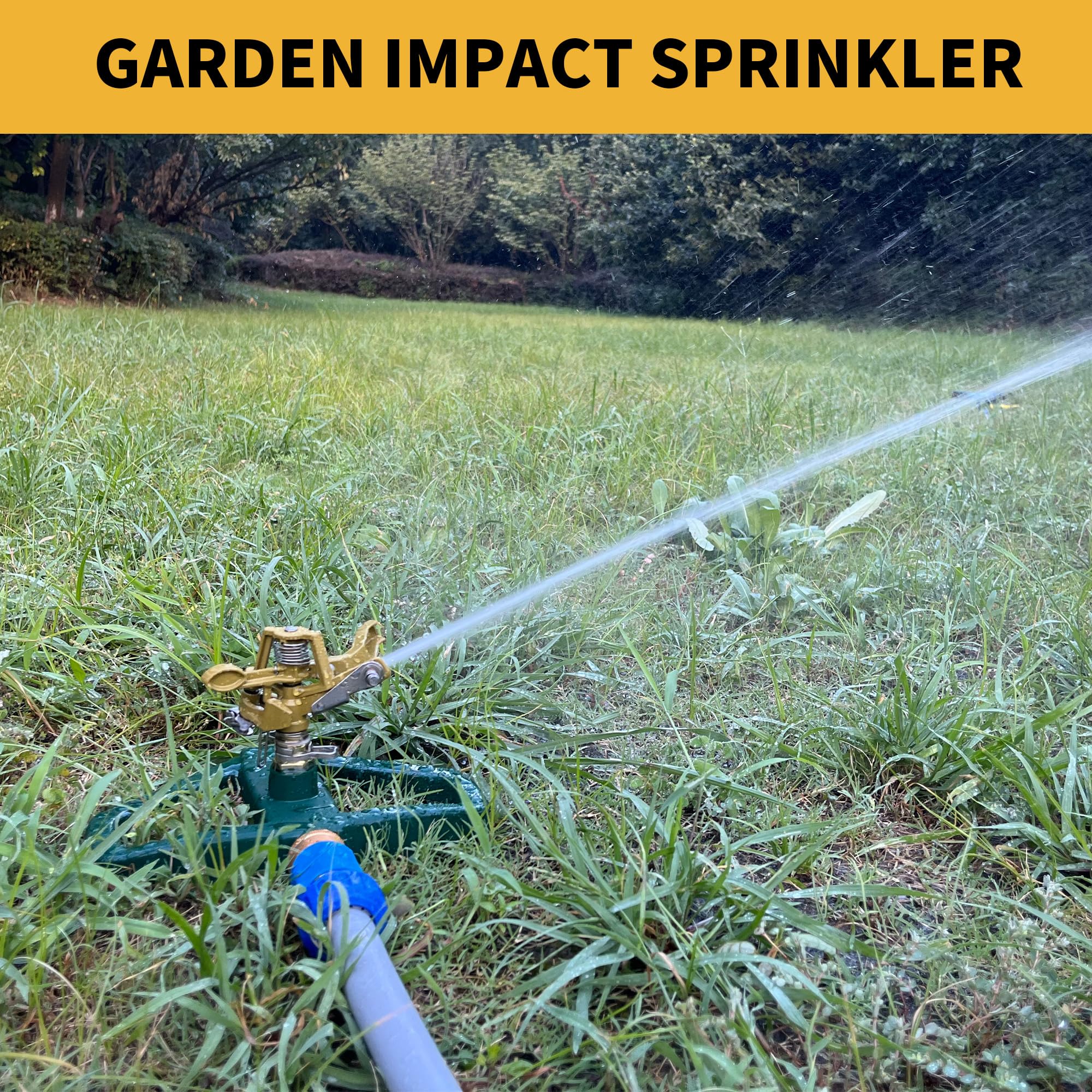 Aspersores de impacto para patio con base de metal, aspersor de impulso de aleación de zinc resistente, rotación automática de 360° para césped y jardín grandes, cobertura de hasta 5,800 pies
