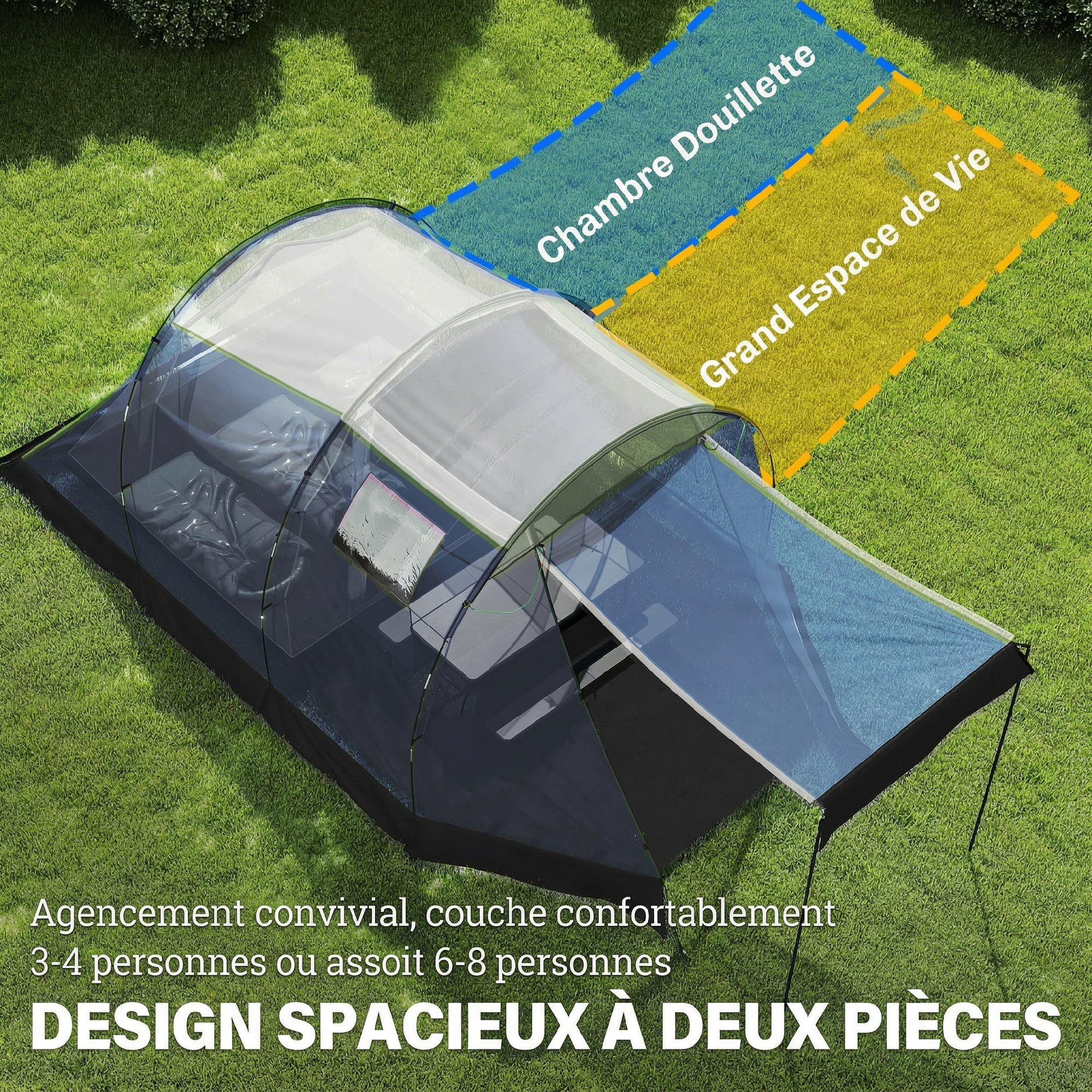 Outsunny Tente de Camping Tunnel pour 4 Personnes Imperméable 3000mm - Séjour Spacieux Double Couche Hauteur 190cm - Abri de Jardin pour Bivouac Randonnée avec Auvent, Bleu Foncé