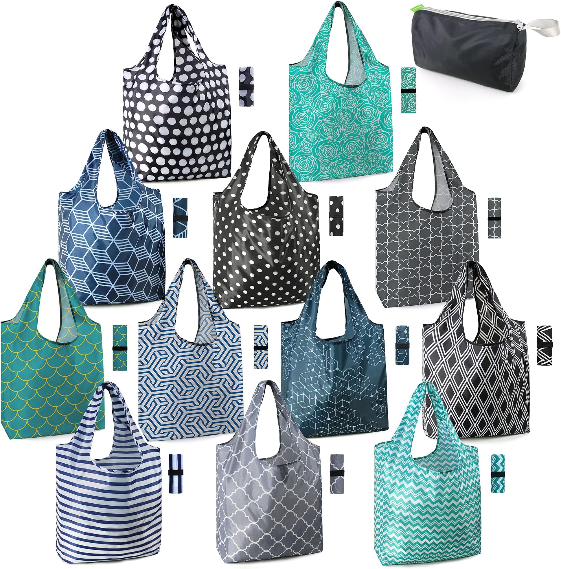 BeeGreen Reusable Grocery Bags Lightweight Durable Shopping Bags Washable Foldable 12 Pack Xlarge Classic Geometric Design Gift Tote Grocery Bags with Elastic Band and Separated Zipper Storage Pouch