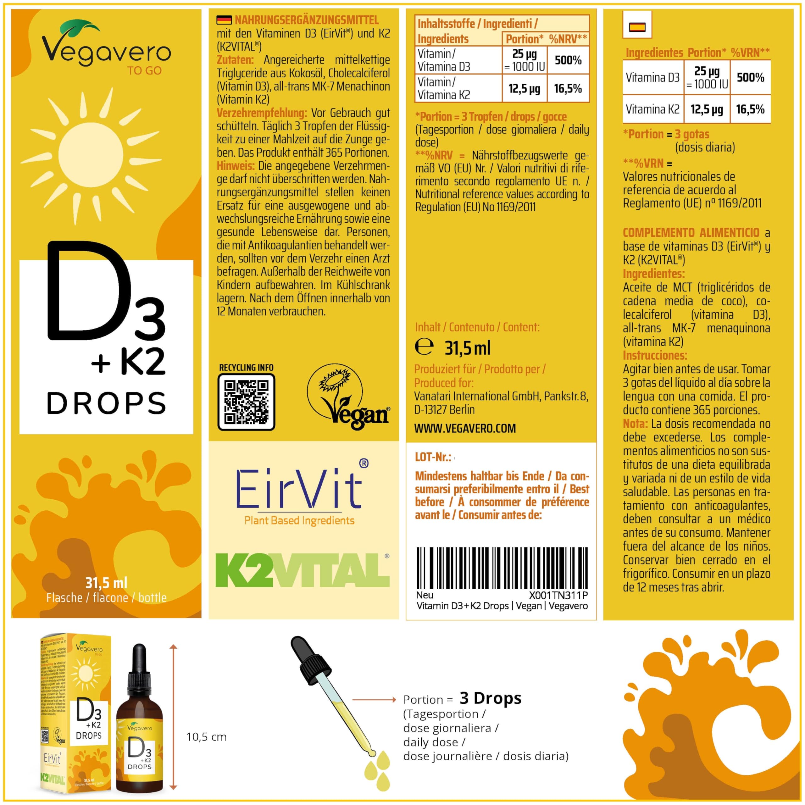 Vitamina D3 y K2 MK-7 Gotas Vegavero | VEGANO | Para un Año | EirVit, + Vitamin D3V | Sin Aditivos | 1000 UI Dosis Diaria