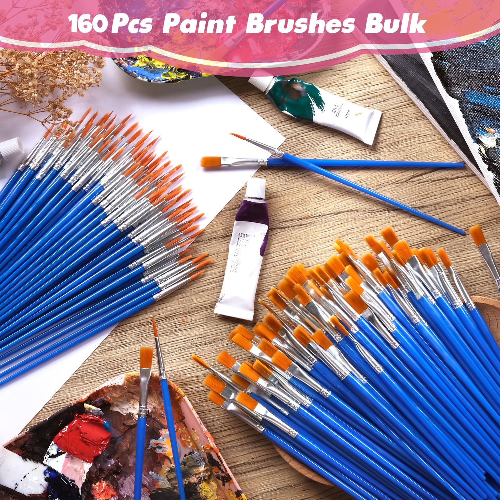 Small Paint Brushes Bulk, 160 Pcs Flat Tip Round Acrylic Paint Brushes for Kids Classroom Acrylic Watercolor Canvas Face Painting Touch Up
