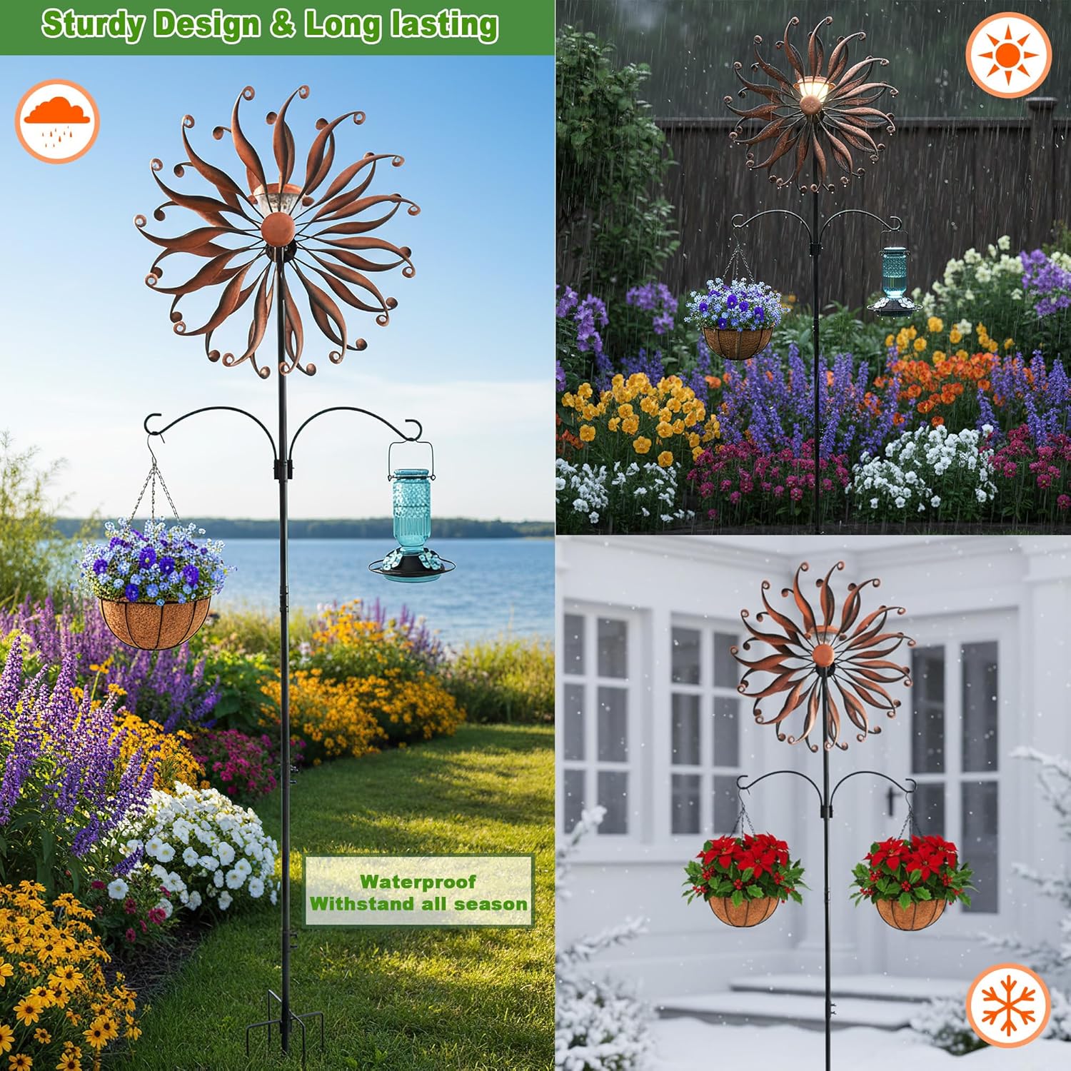 94.5" Extra Tall Solar Wind Spinner for Yard and Garden, 25.2" Large Kinetic Metal Wind Sculptures with Warm White LED Light & 2 Shepherd Hooks, Copper Yard Art Outdoor Decor for Lawn Patio