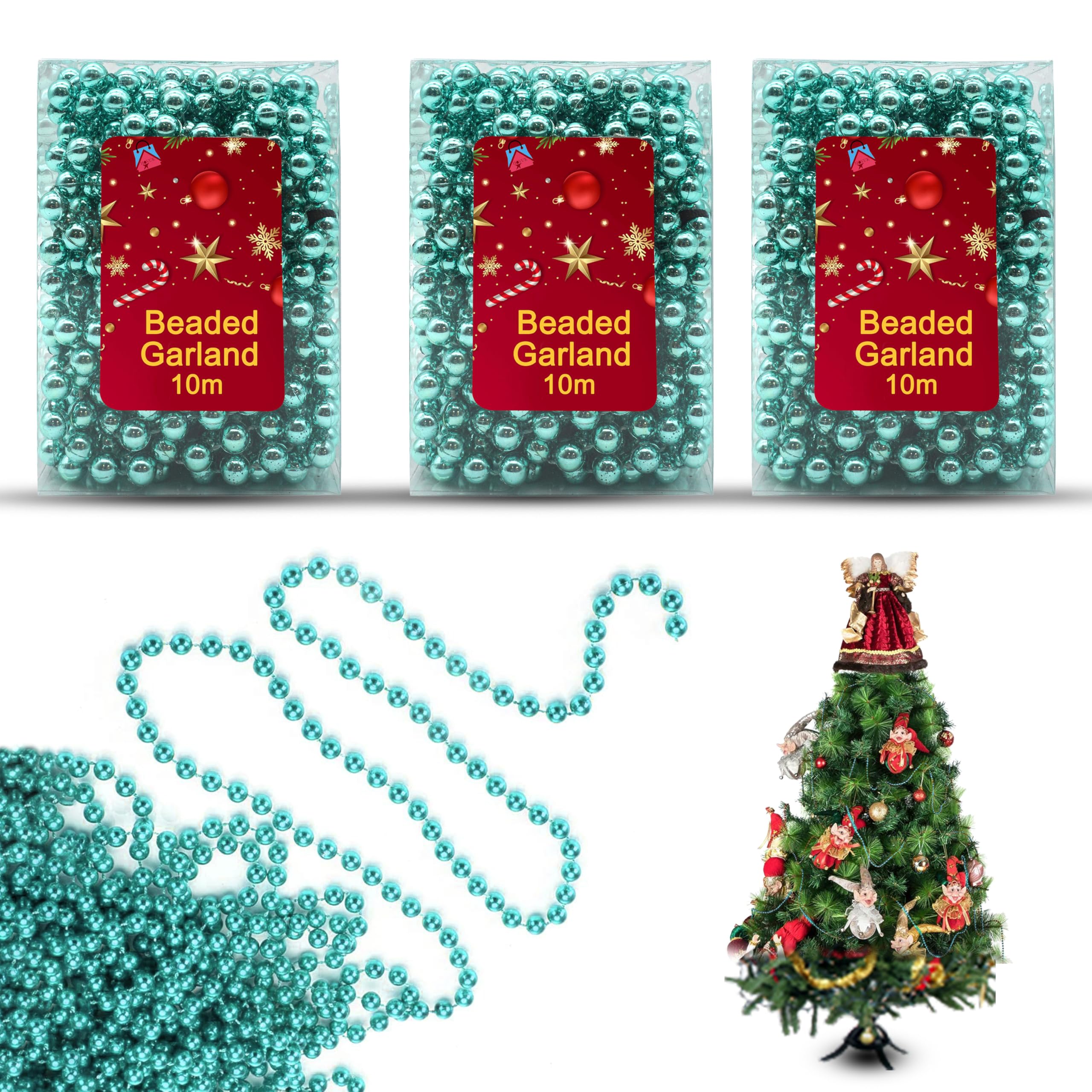 3x Turquoise 10M Bead Garlands, Luxury Plastic Christmas Bead Chains, Shiny Pearl Beads for Xmas Tree Party Decor