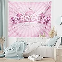 Vista 6 de Ambesonne Tapiz de reina con temática de corona de dibujos animados en forma de corazón rosa sobre fondo radial, decoración romántica para colgar