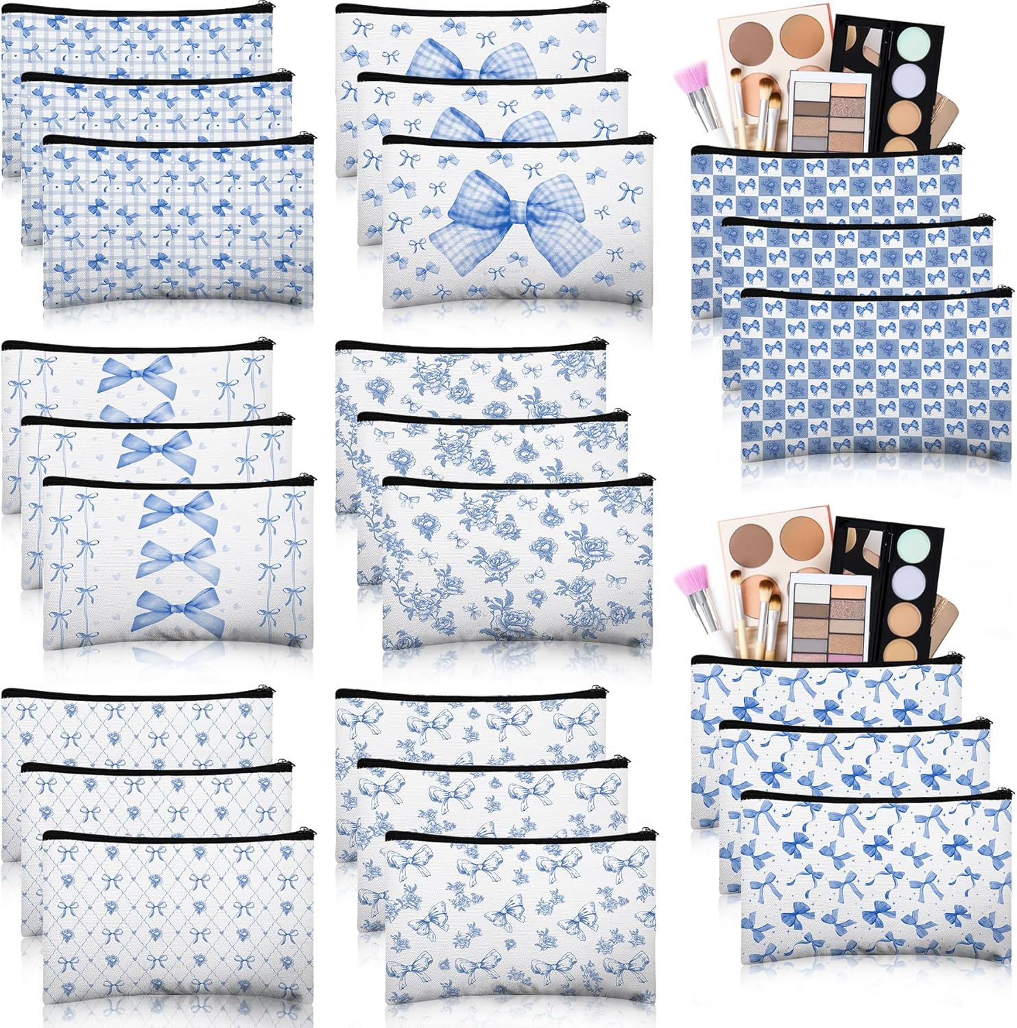 24 Pcs Bow Makeup Bags Bulk for Women Blue Coquette Aesthetic Preppy Cosmetic Bags Bow Floral Canvas Toiletry Bags Aesthetic Travel Zipper Pouches for Bridesmaids Wedding Party Favors Supplies