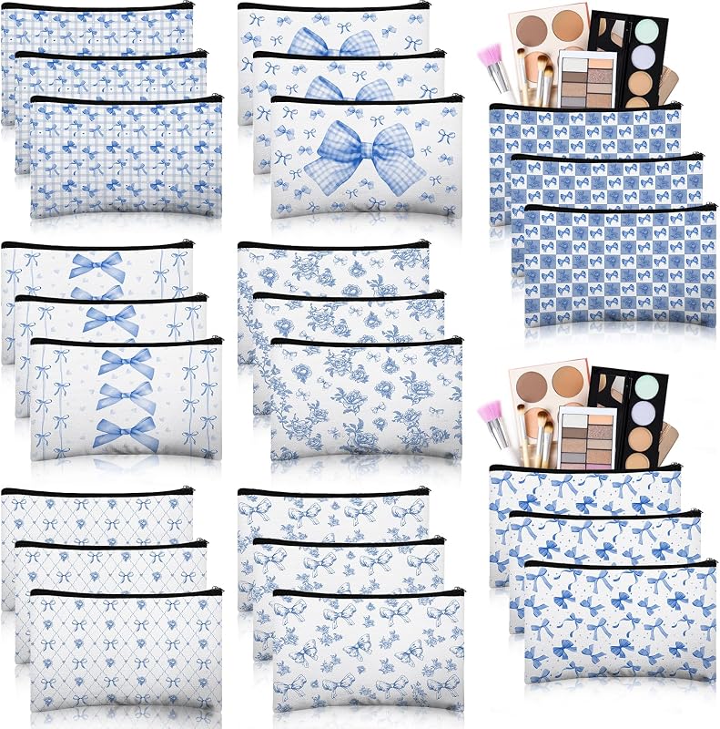 Stuffygreenus Kit com 24 Necessaires de Maquiagem de Lona Azul com Laços e Flores