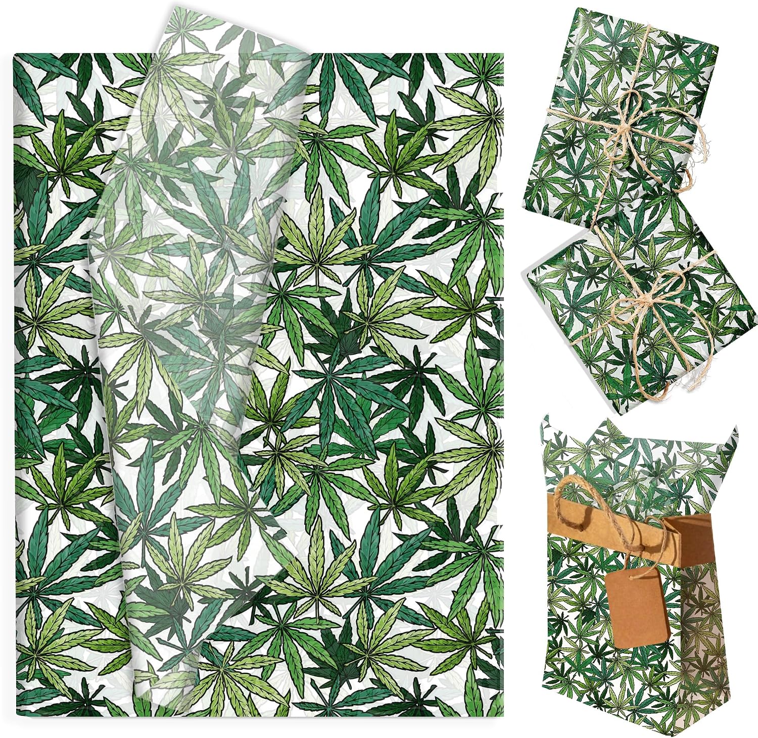 100 Sheets Tissue Paper with Hemp Leaf Pattern, Green Plant Tropical Leaf Wrapping Paper DIY Art Tissue for Birthday Gift Packaging and Filling, Hawaii Party Decorations