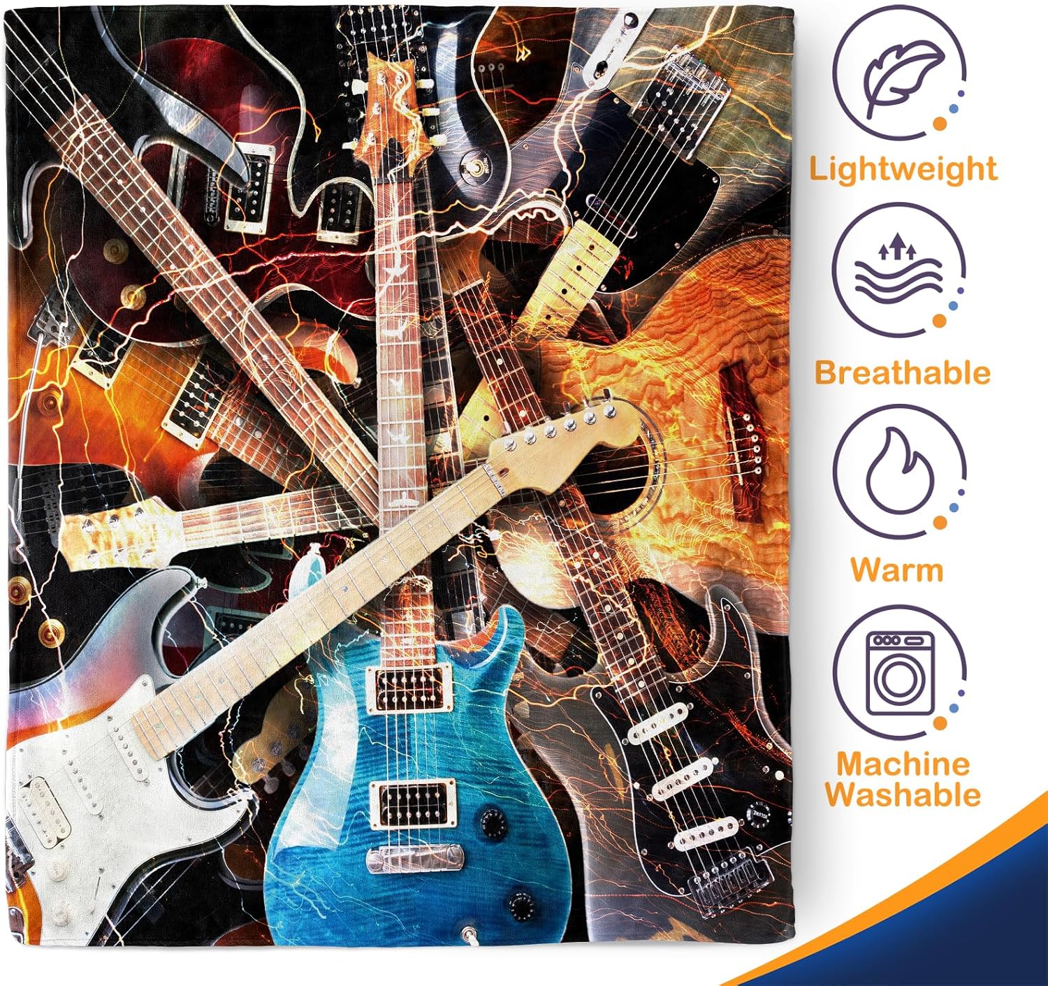 Music Guitar Blanket Gifts - Retro Rock Musical Instruments Theme Throw for Music Enthusiast Band Singer Fuzzy Fleece Cozy Plush Birthday Christmas lightweight for Men Teens Kids Adults 50"x60" - Image 4