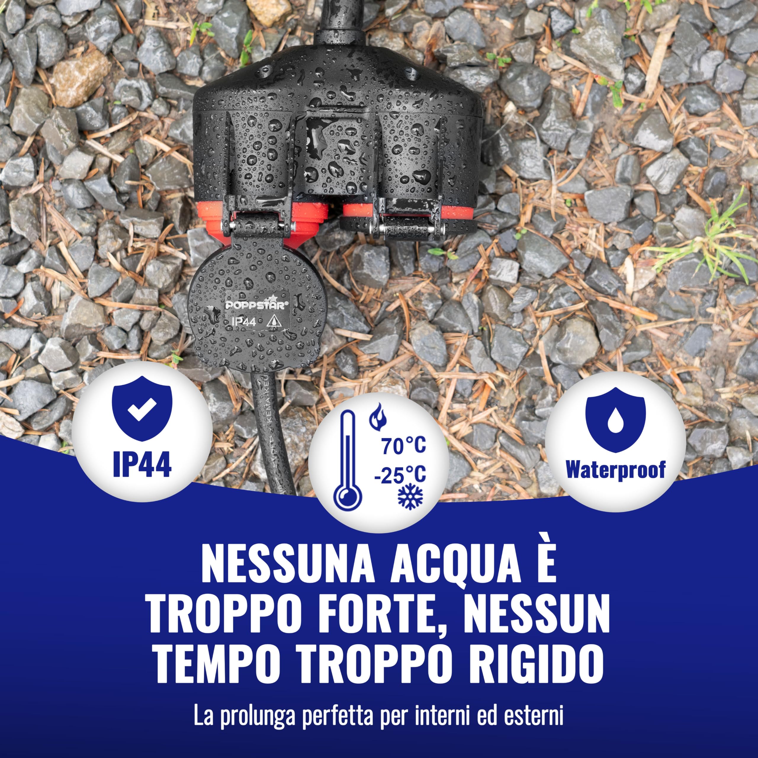 Poppstar Prolunga per esterno 20 m (2 prese Schuko, IP44, 16A/3680W, H05RR-F 3G1.5), nero/rosso