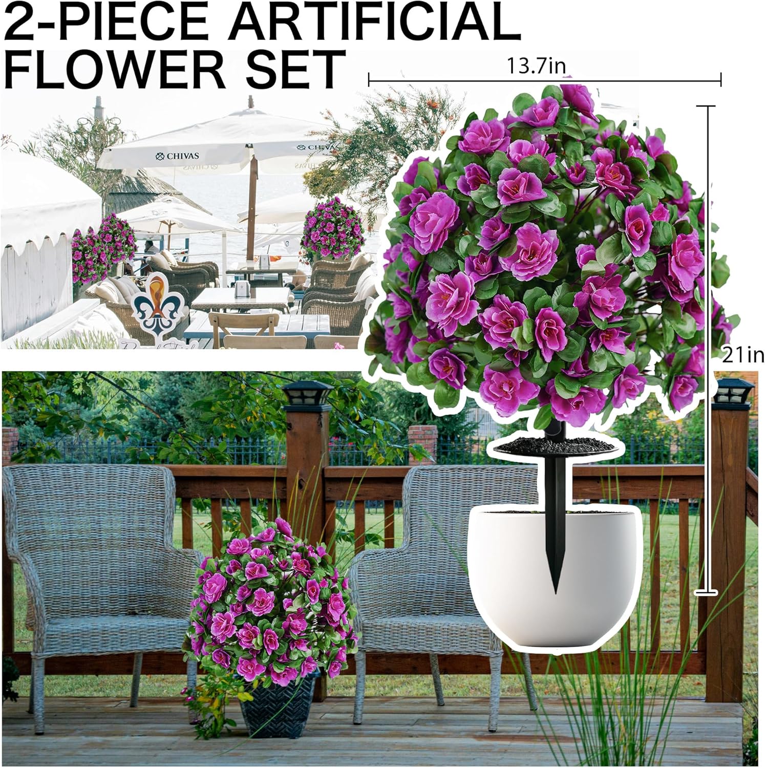 Artificial Flowers for Outdoors, Faux Outdoor Plants Fake Plants Topiary Balls Artificial Outdoor Set of 2 with Ground Spike for Home Front Porch Patio Garden Decor (Rose Purple)