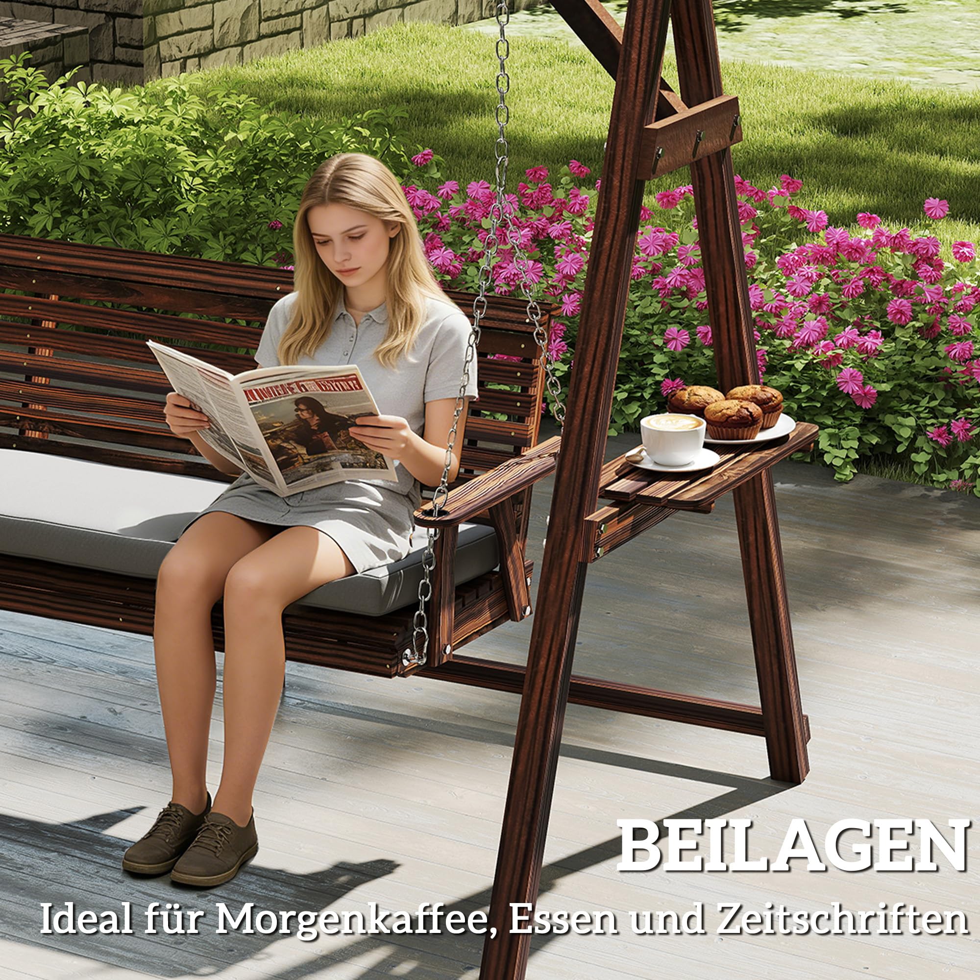 Outsunny Dondolo Hollywood, altalena da giardino a 3 posti, in legno, con cuscino, portata fino a 330 kg, per giardino, terrazza, 243 x 134 x 170 cm, carbonizzato