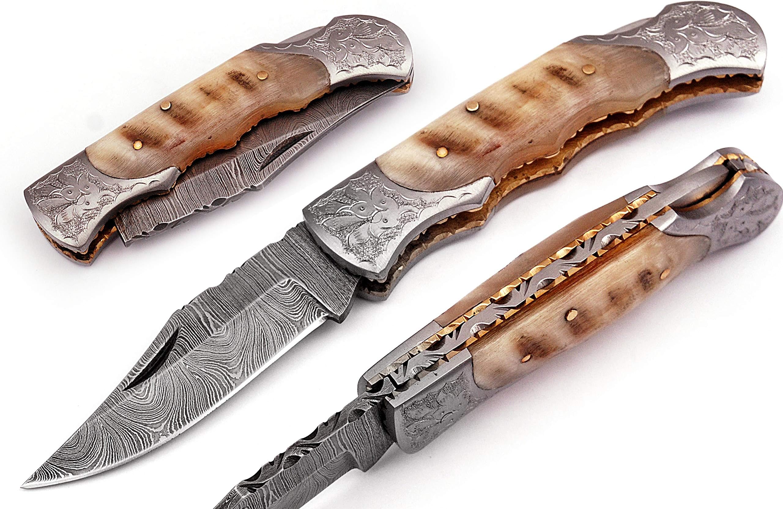 Handmade Damascus Steel Pocket Knife - Folding Knife with Damascus Blade & Ram Horn Handle - Back Lock & Leather Sheath - EDC Gift for Men
