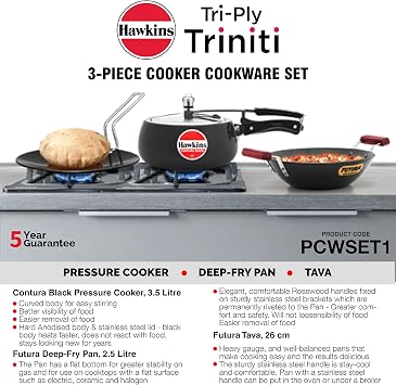 Hawkins Triniti Kitchen Set (Tava, Deep-Fry Pan, Inner Lid Pressure Cooker), Black (PCWSET1), Hard Anodised Aluminium