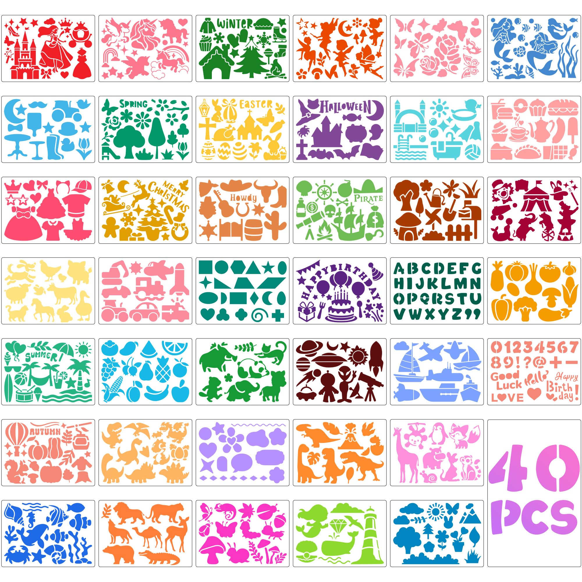 40 plantillas para niños, plantillas para pintar, manualidades, reutilizables, lavables, plantilla de forma primaria para álbumes de recortes de papel, dibujo