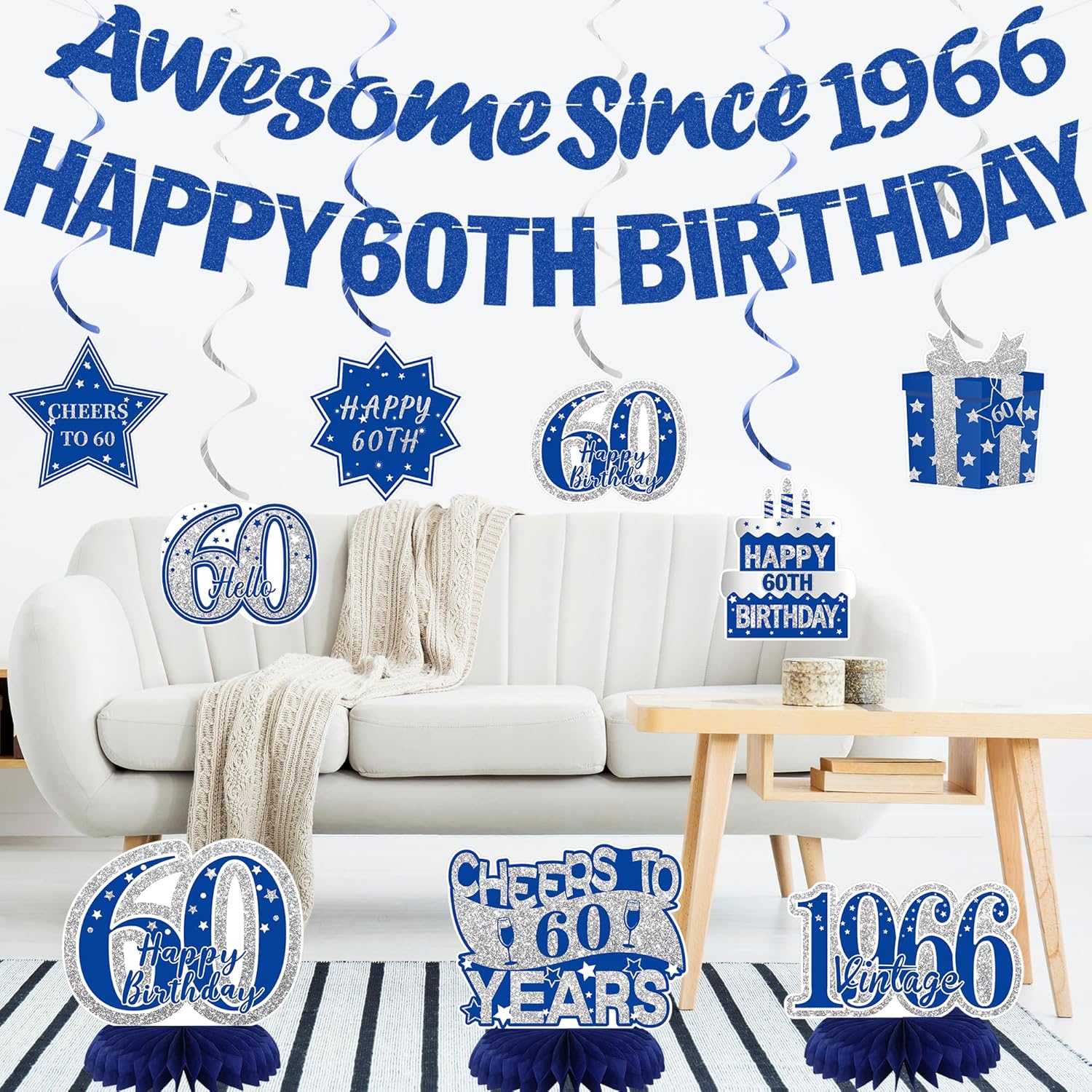 Crenics Blue 60th Birthday Decorations for Men or Women - Happy 60th Birthday Banner, Awesome Since 1966 Banner, Honeycomb Centerpieces and Hanging Swirls for 60 years old Party Supplies - Image 8