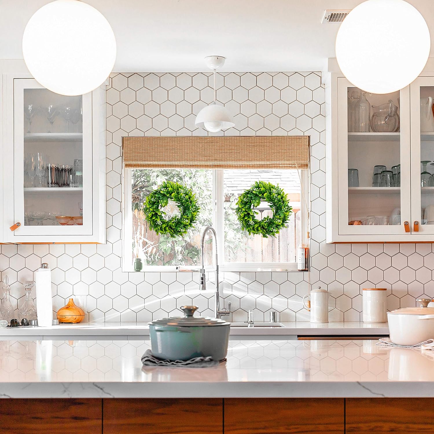 bhappy Small Boxwood Wreath 10 inch with Fruits Small Artificial Greenery Wreath Mini Centerpiece Wedding Window Home Wall Indoor Candle Wreath Party Festival Farmhouse Kitchen Spring Decor 2 Pack - Image 4