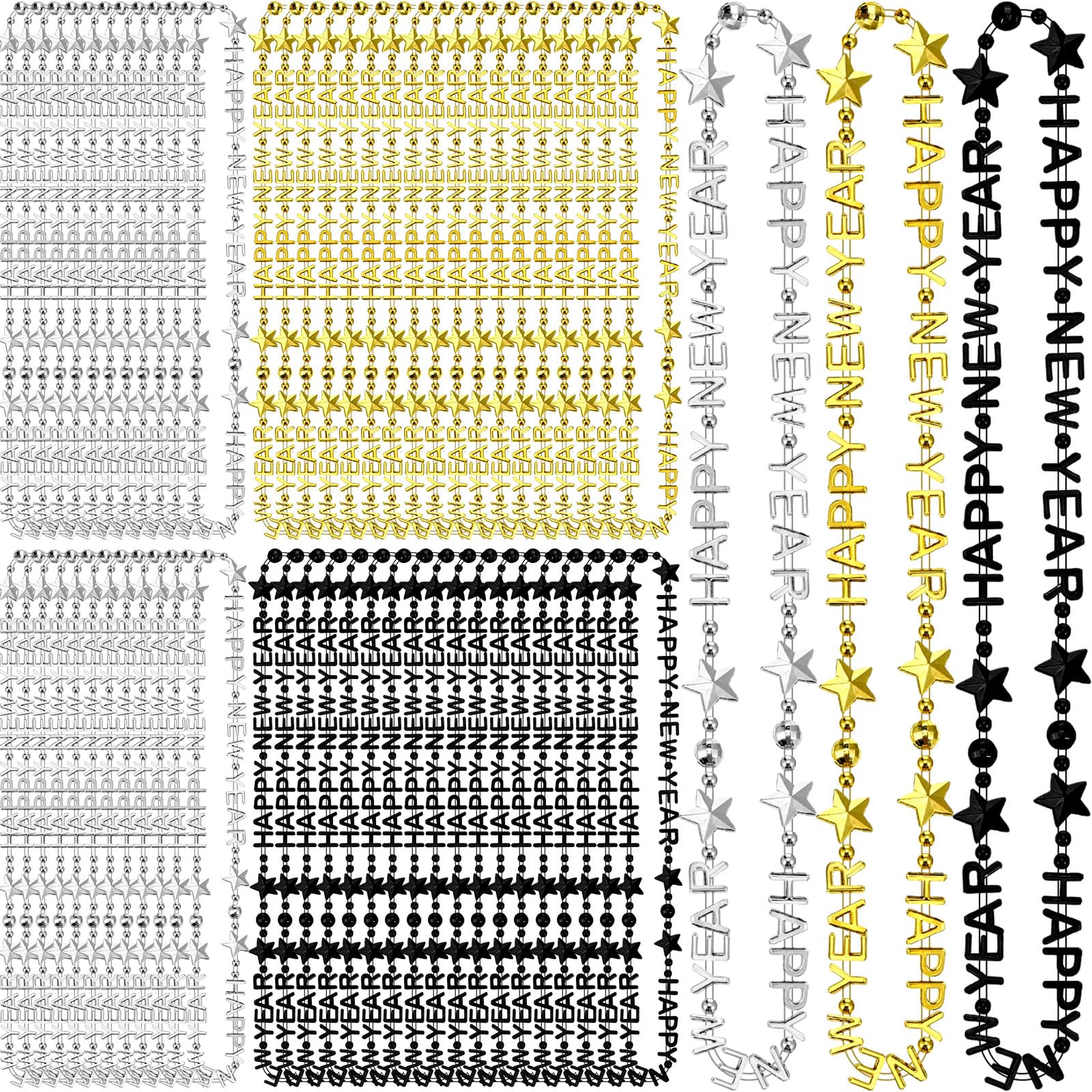 Bucherry 72 Pcs Happy New Year Necklaces New Year's Eve Necklaces 2025 Gold Black Silver Plastic Metallic Beaded Necklaces Accessories for 2025 Holiday Party Costume Decorations(Star)