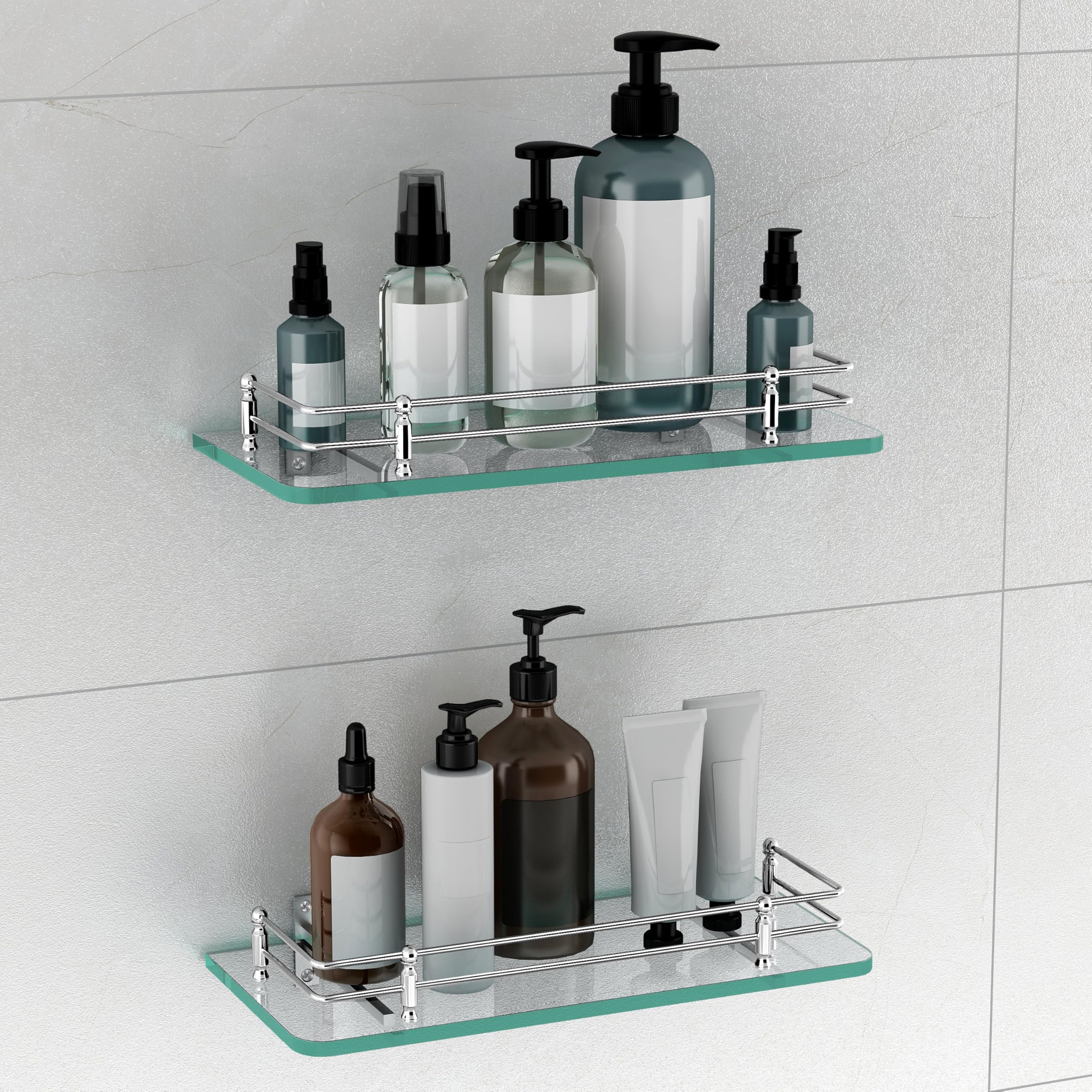 Premium Transparent Glass Shelf for Bathroom/Kitchen/Living Room - Bathroom Accessories (Polished 12x6 - Pack of 2)
