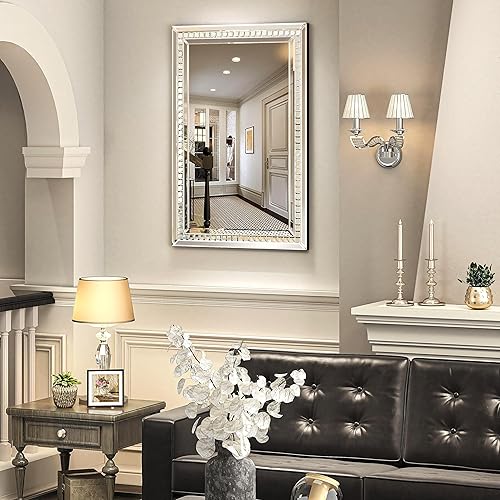Miniatura 3 de Espejo rectangular de pared de cristal de 36 x 23 pulgadas, elegante espejo de pared con acento de diamante para decoración, bonito espejo colgante