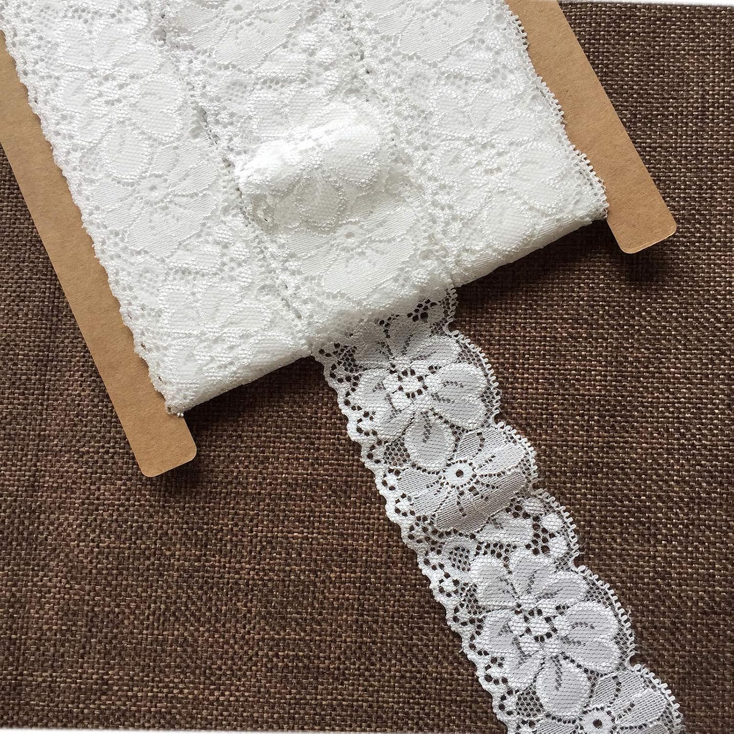 Lace Realm 1.5 Inch Wide White Stretch Floral Pattern Lace Ribbon Trim for Sewing, Gift Package Wrapping, Floral Designing & Crafts-5 Yards (3603 White)