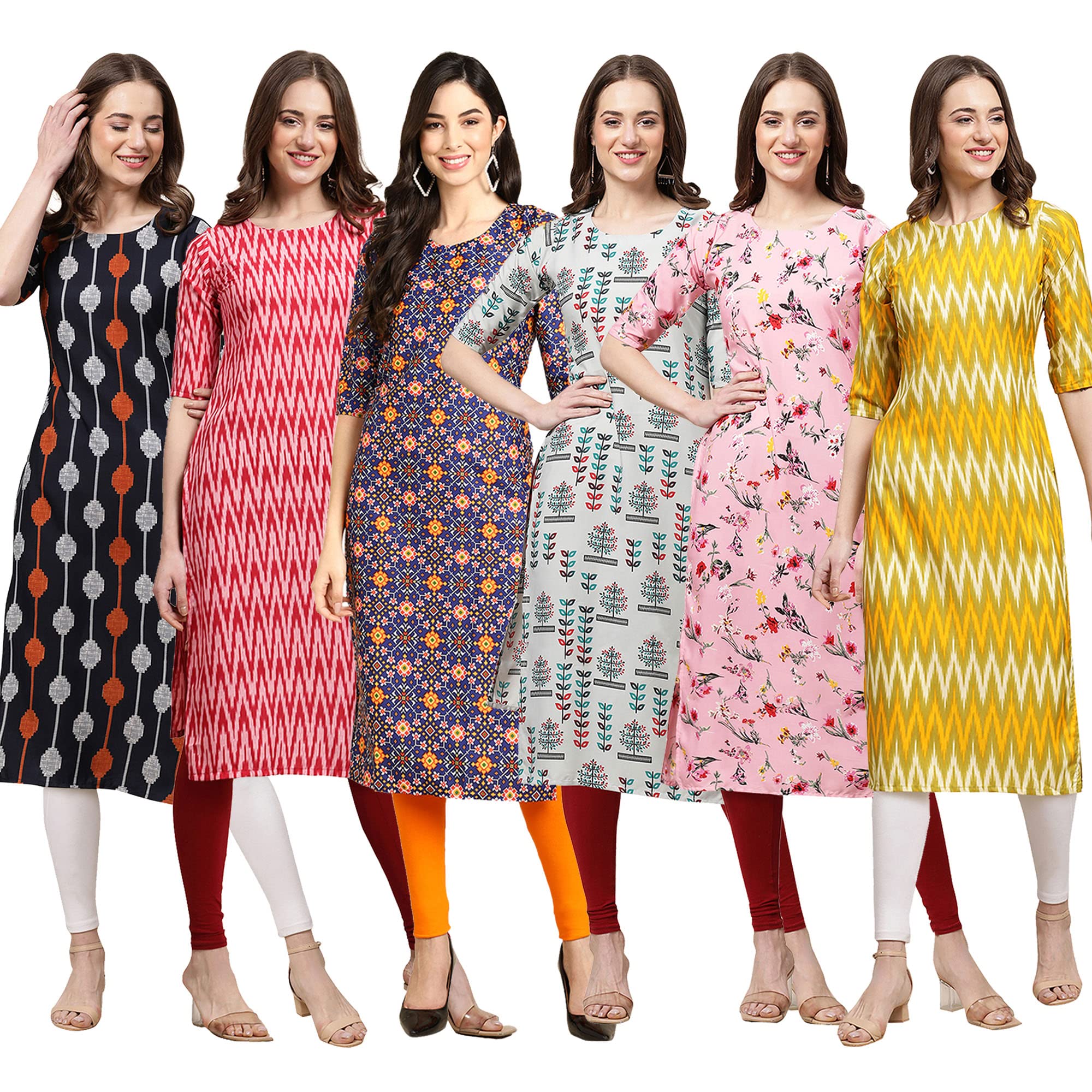 Pinkmint Women's Crepe Digital Print Straight Kurta Pack Of 6 [Cr-330-328-369-340-339-329-L]