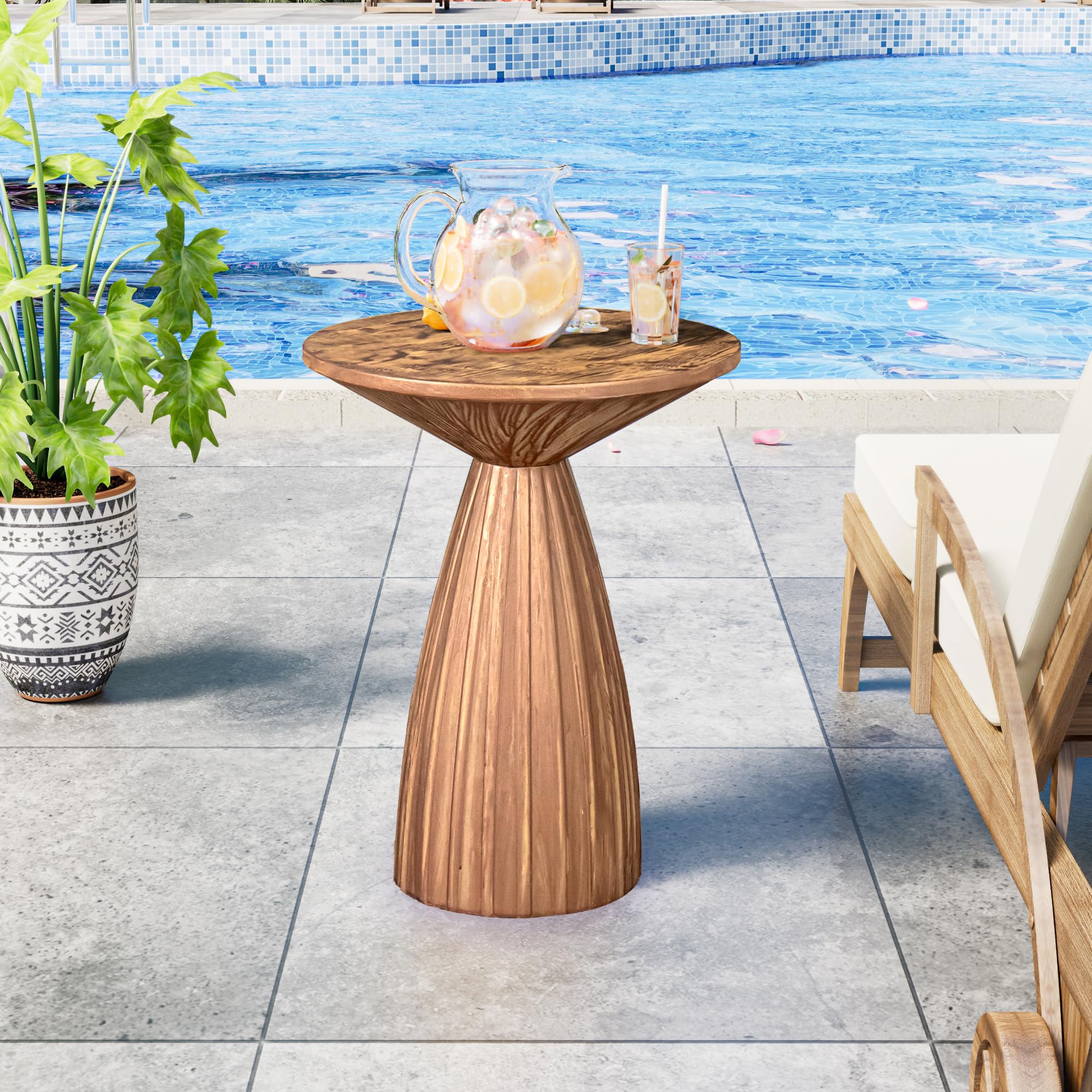 Furtivusia Metal Small Patio Table, Round Outdoor Side Table, Wood Color Outdoor Accent Patio End Table, for Garden, Pool, Deck, Balcony, Yard, Living