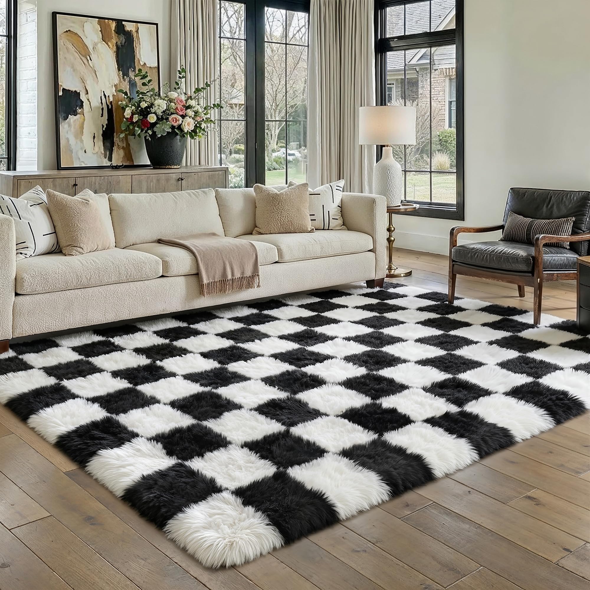 HUGEAR Fluffy Checkered Rugs Living Room Large Area Rug 160x230cm Black and White Bedroom Shaggy Soft Thick Carpet Kids Girl Room Decor Lounge Nursery Plush Carpets