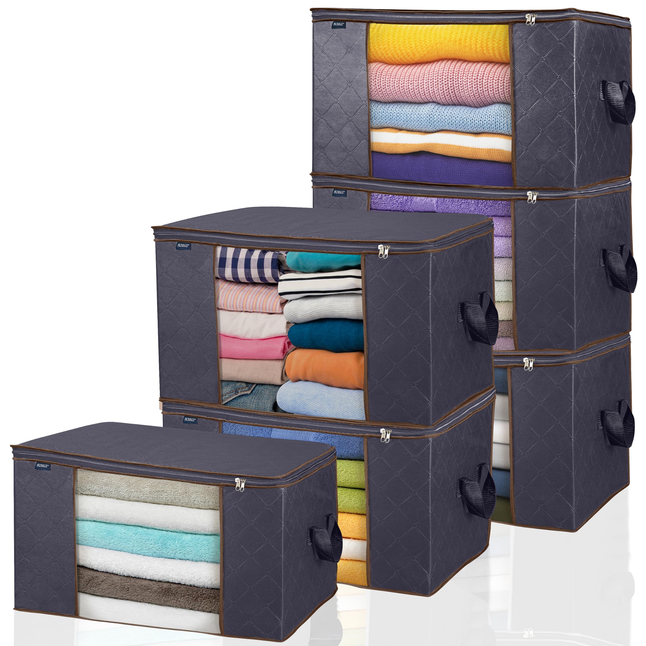 ROYALELarge Capacity 6 Pack Clothes Storage Bag Organizer with Strong Handle- 90L Fabric Bag - Zipper Closure - Storage Container for Organizing Bedroom, Closet, Clothing, Comforter with Clear Window
