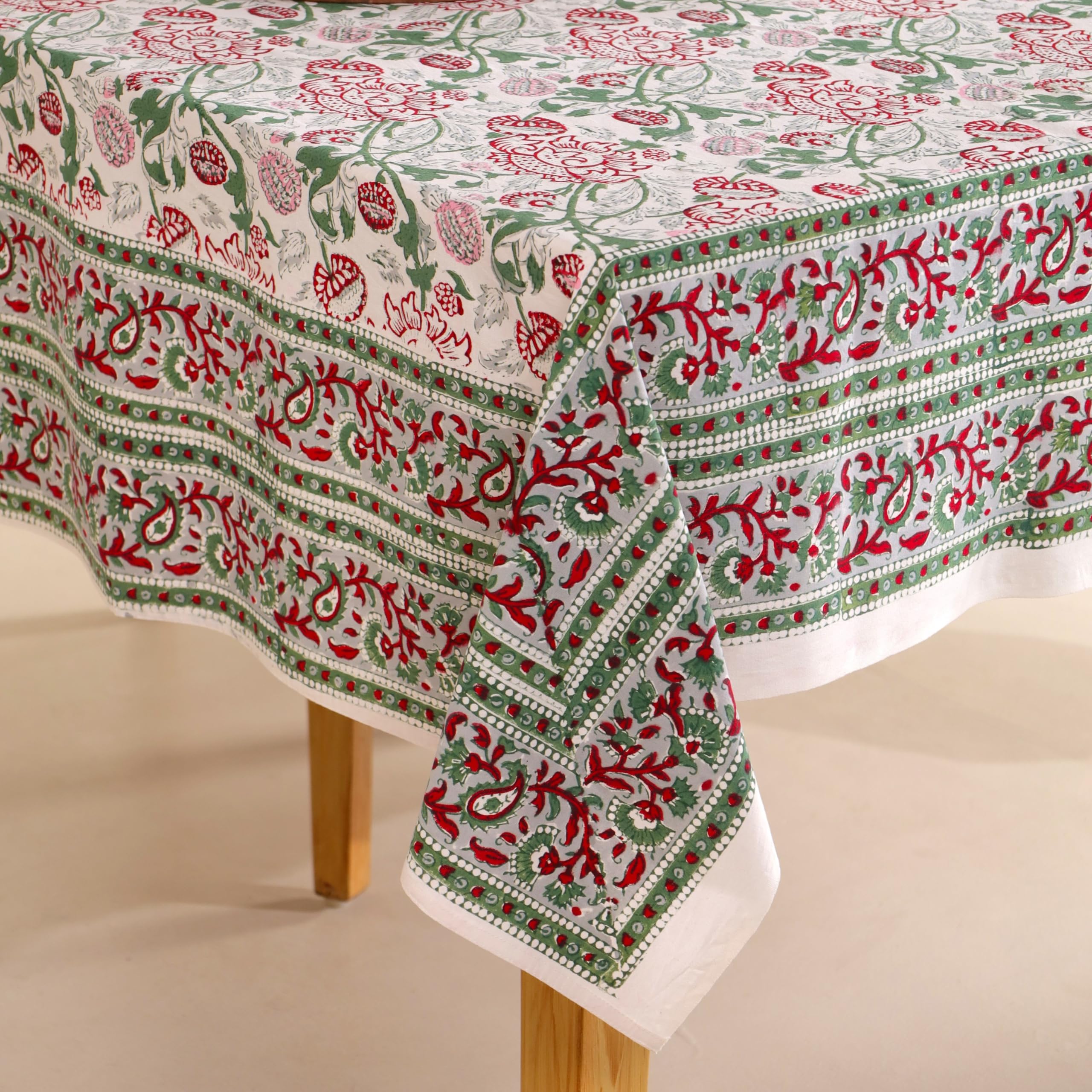 DecorAvenue Hand Block Printed Table Cover - Exquisite Design, Premium Cotton Fabric, Perfect for Dining and Decor, Dining Table Linen (Stone Green Blossom, 6 Seater 60 x 90 Inches Rectangle)