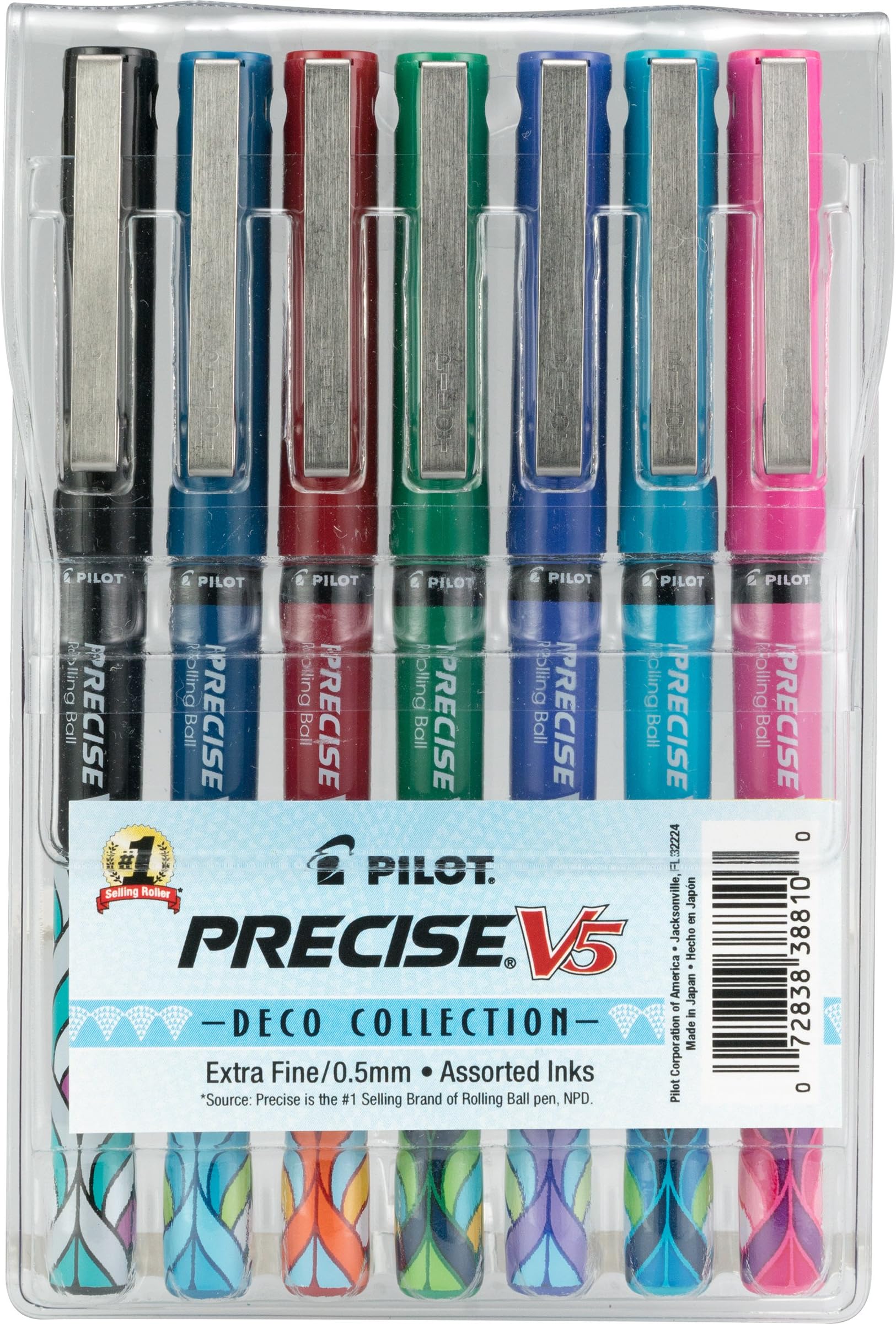 Precise V5 Stick Deco Collection Liquid Ink Rolling Ball Pens, Extra Fine Point (0.5mm) Assorted Colors, 7-Pack Pouch (38810)