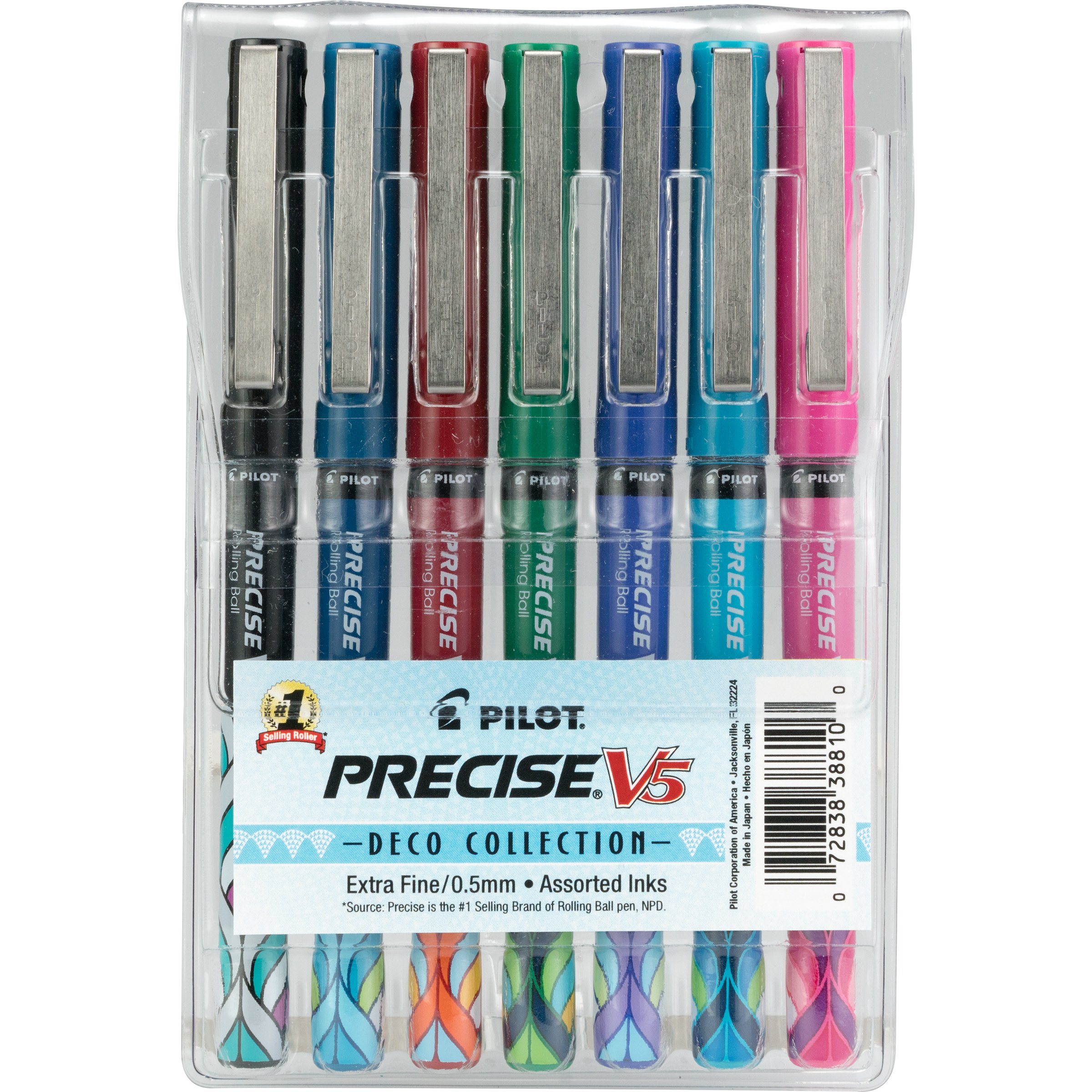 PilotPrecise V5 Stick Deco Collection Liquid Ink Rolling Ball Pens, Extra Fine Point (0.5mm) Assorted Colors, 7-Pack Pouch (38810)
