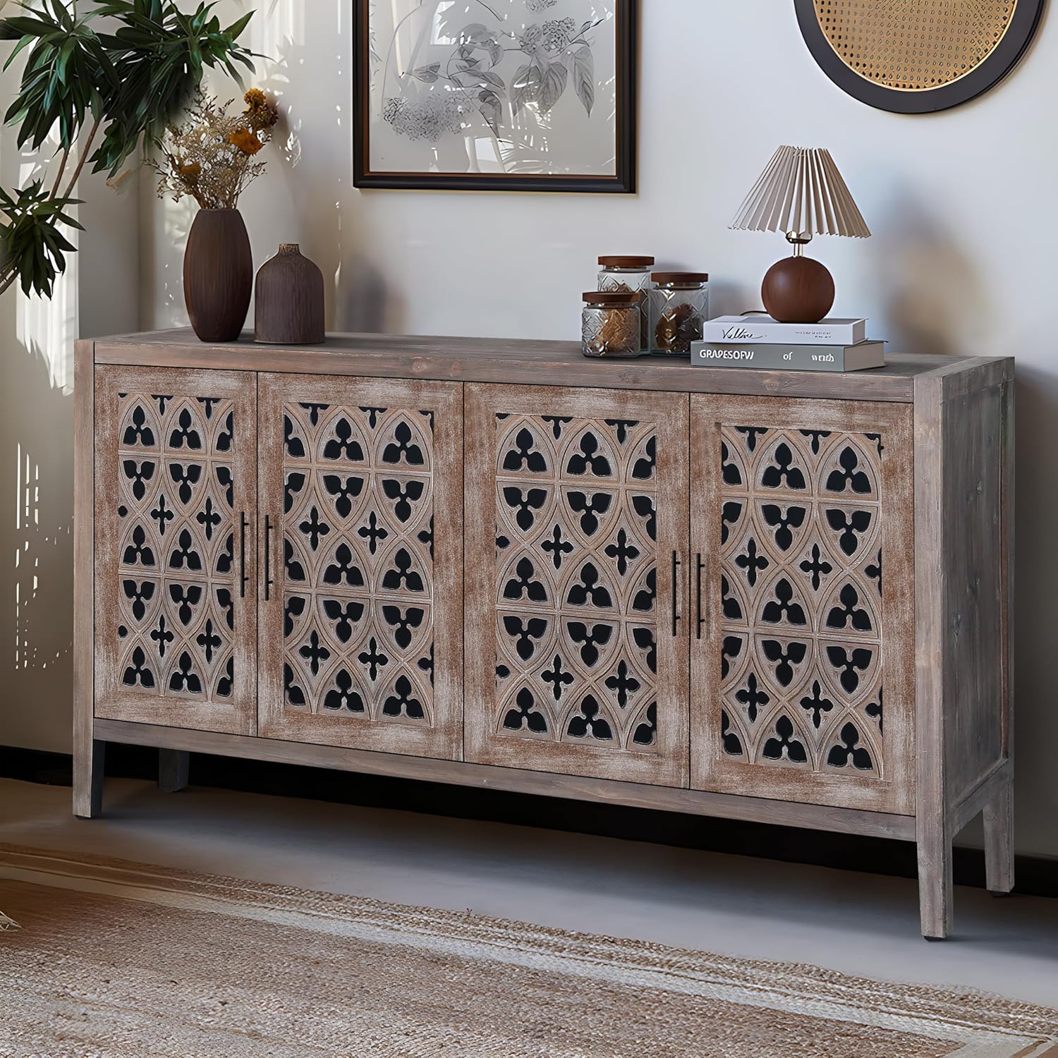LUMISOL Sideboard Buffet Cabinet, Wooden Storage Cabinet with 4 Doors and Metal Handle, Farmhouse TV Stand Console Table for Living Room, Dining Room, Entryway, Antique Brown