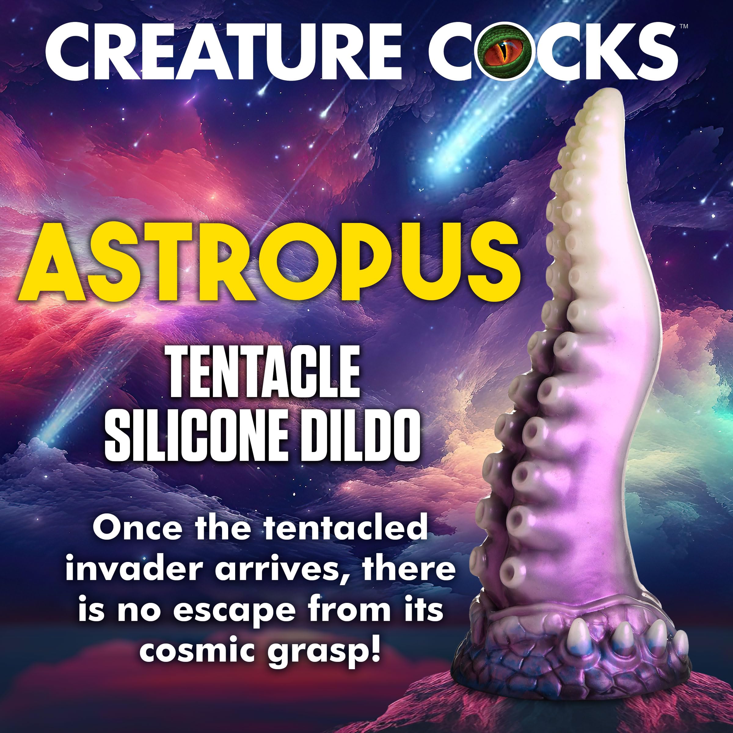 CREATURE COCKS Astropus Tentacle Silicone Dildo for Men, Women & Couples. Fantasy Dildo & Strong Suction Cup Base. Harness Compatible, Stimulating Textures. 1 Piece, White & Purple.