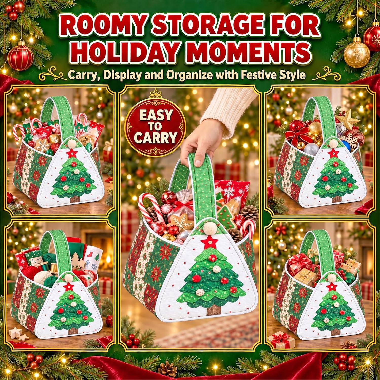 DIY Christmas Quilted Carry Basket Sewing Kit - Fabric Xmas Storage Basket