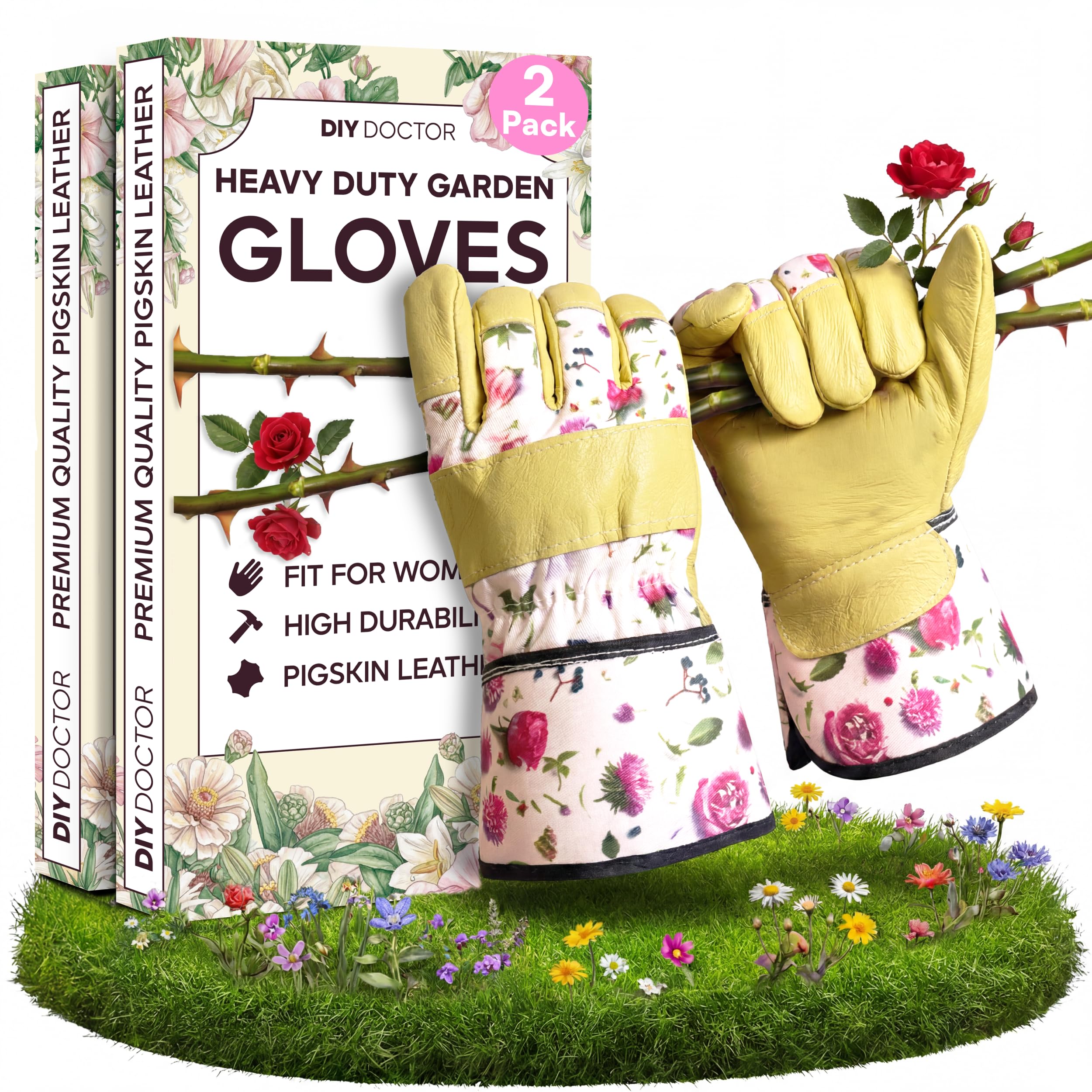 DIY Doctor Gardening Gloves for Women (2 Pack) - Heavy Duty, Thick, Thorn Proof & Waterproof Garden Gloves - Stylish Leather Design with Floral Pattern