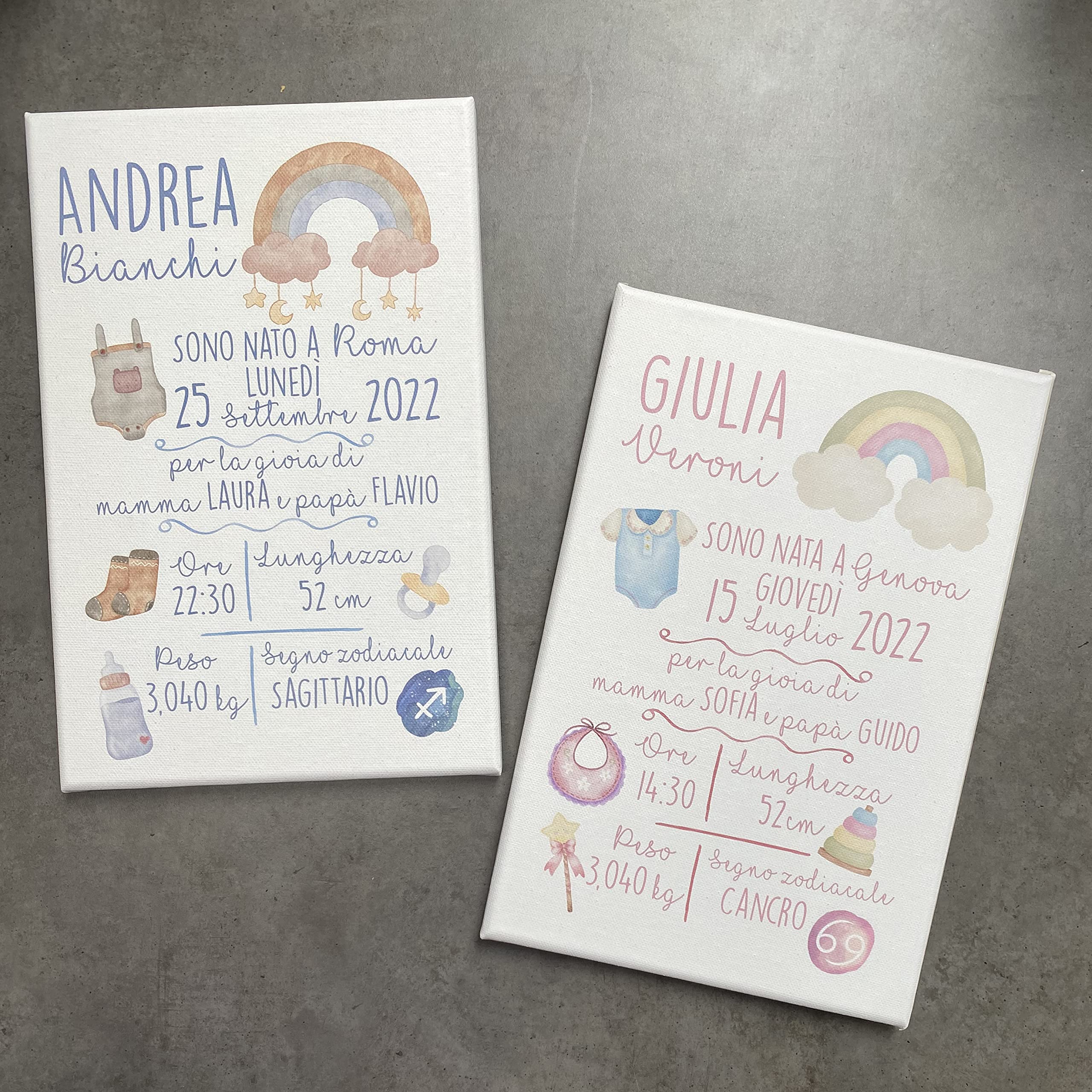 Memotak Quadro in Tela Quadretto Nascita Personalizzato Idea Regalo Bimba Bimbo Neonata Neonato Grafica Arcobaleno 20X30cm (Rosa)
