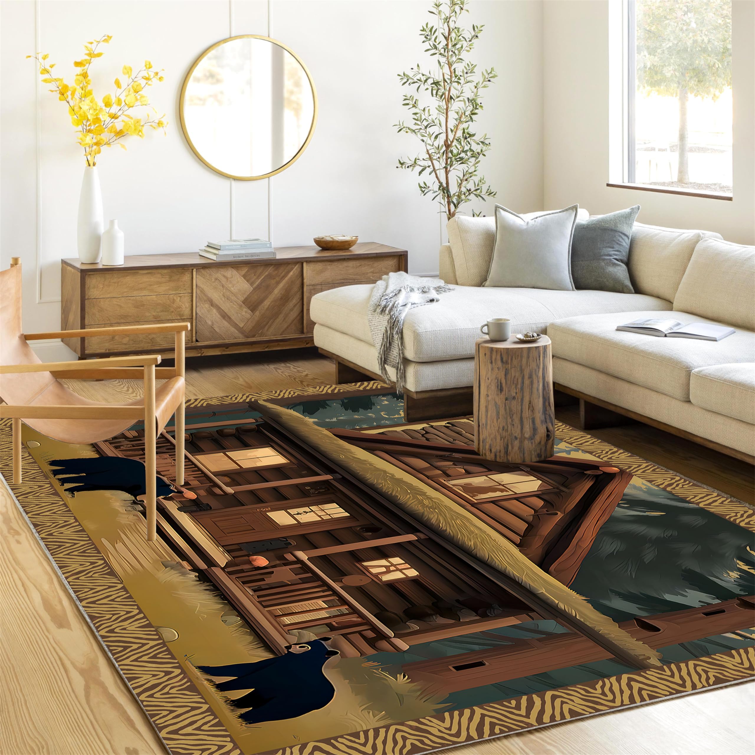 Black Bear Area Rug Rustic Log Cabin Jungle Pine Background Vintage Wood Grain Border Children's Crawl Non-slip Floor Mat Living Room Rug Yellow Bedroom Rug Nursery Decorative 3x4ft