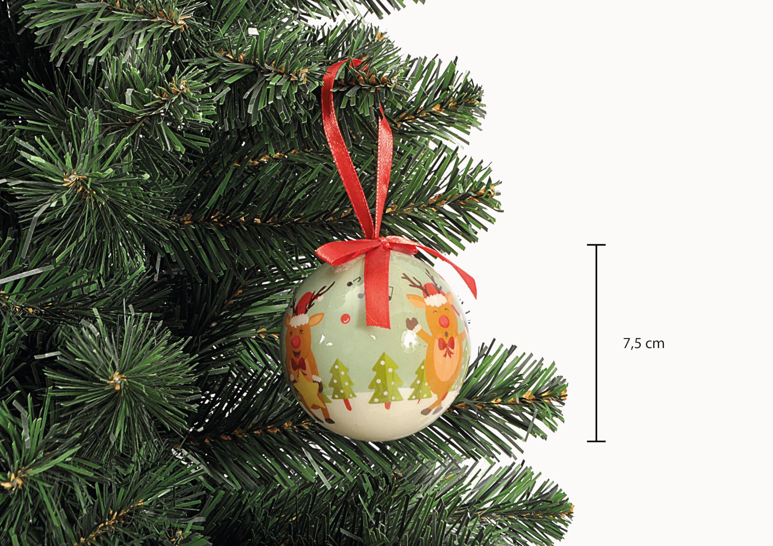 Ciao Zestaw 4 bombek choinkowych Santa & Reindeers (Ø 7,5 cm) z tasiemką tekstylną na choinkę w pudełku upominkowym