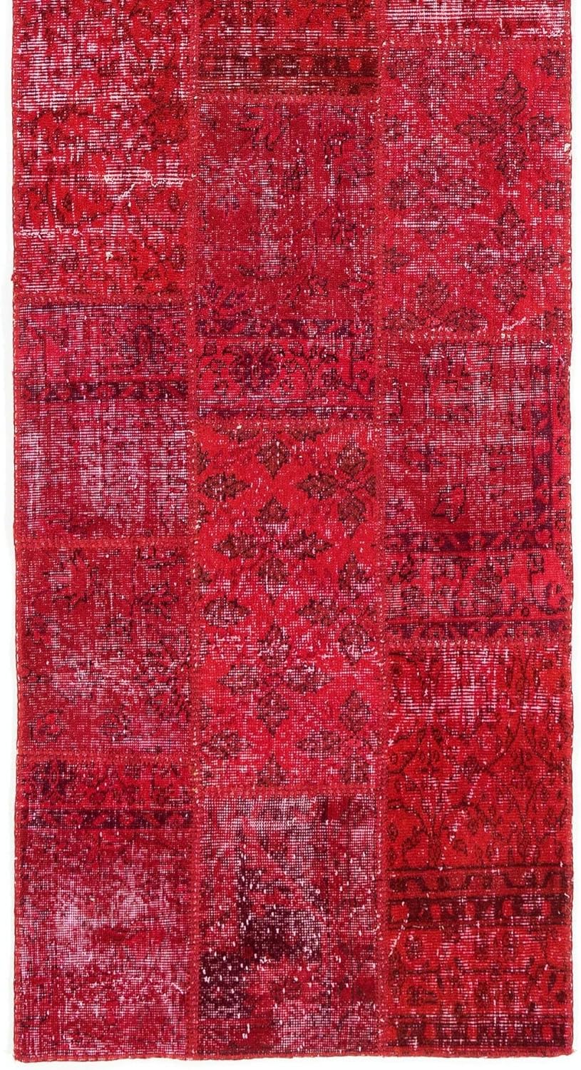 Modern Patchwork Runner Rug for Hallway Decor. Handmade from Re-Dyed Vintage Carpets, Woolen Floor Covering. D752