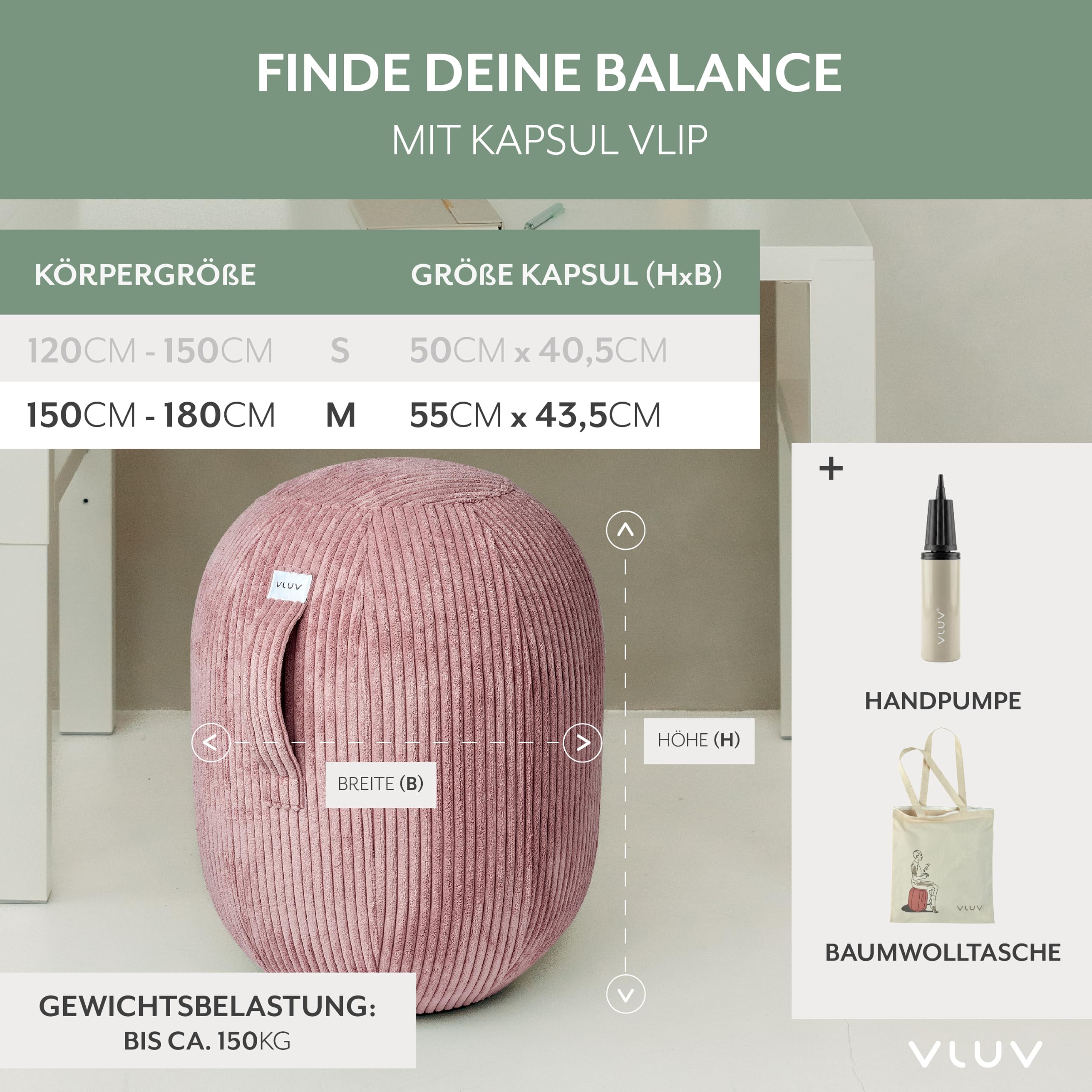 VLUV® KAPSUL VLIP Balancehocker mit Breitcord-Bezug Rosewood (Rosa) Größe M