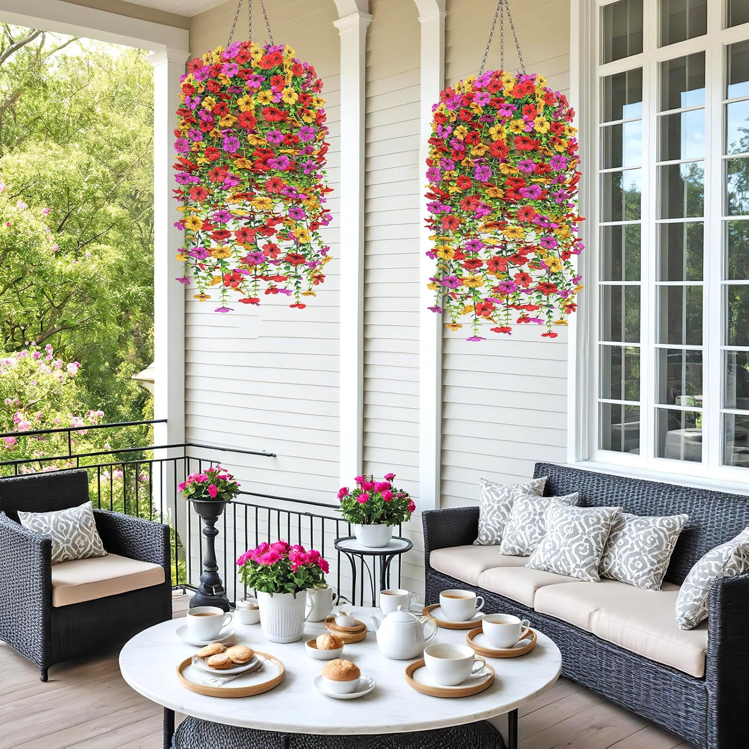 Dremisland Artificial Hanging Flowers Plants Basket for Outdoors Decoration, 2PCS Multicolored Faux Silk Flower DIY Chain Hanging Basket Daisy Fake Flowers with Pot for Porch Garden Patio Decor - Image 4