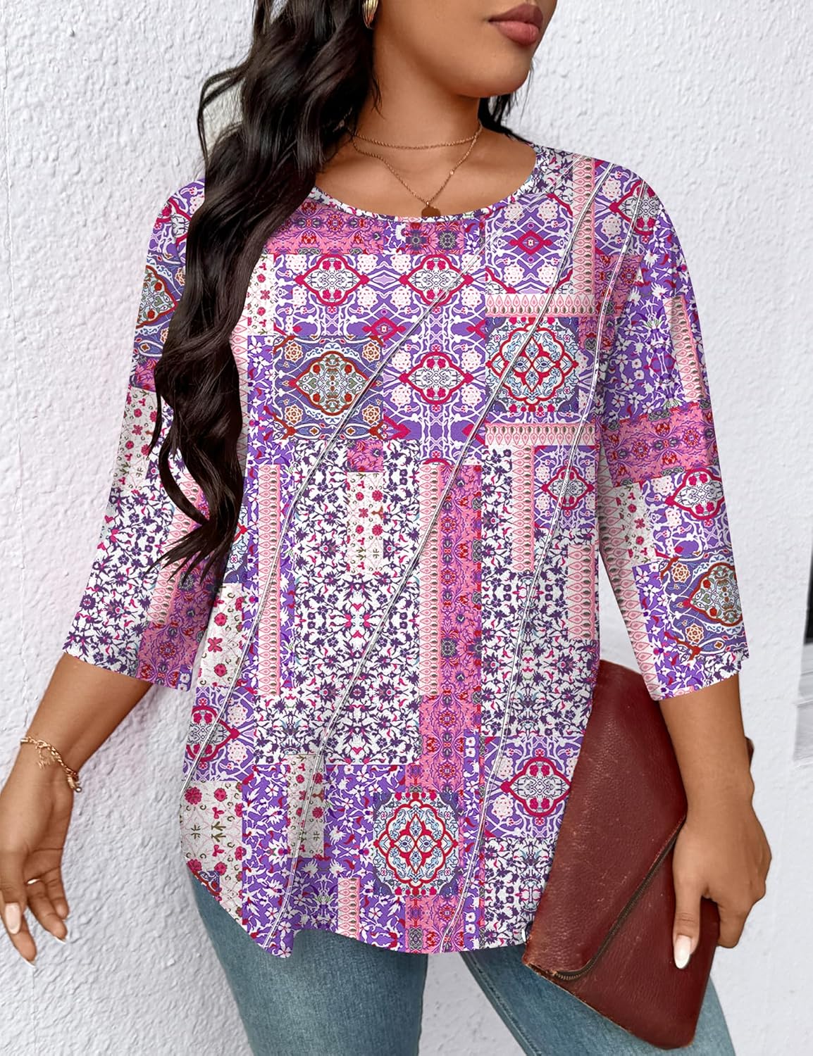 LOMON Womens Plus Size Tops 3/4 Length Sleeve Womens Tops Pleated Crewneck Fall Shirts Summer Blouses 2026 (1X-5X) - Image 4